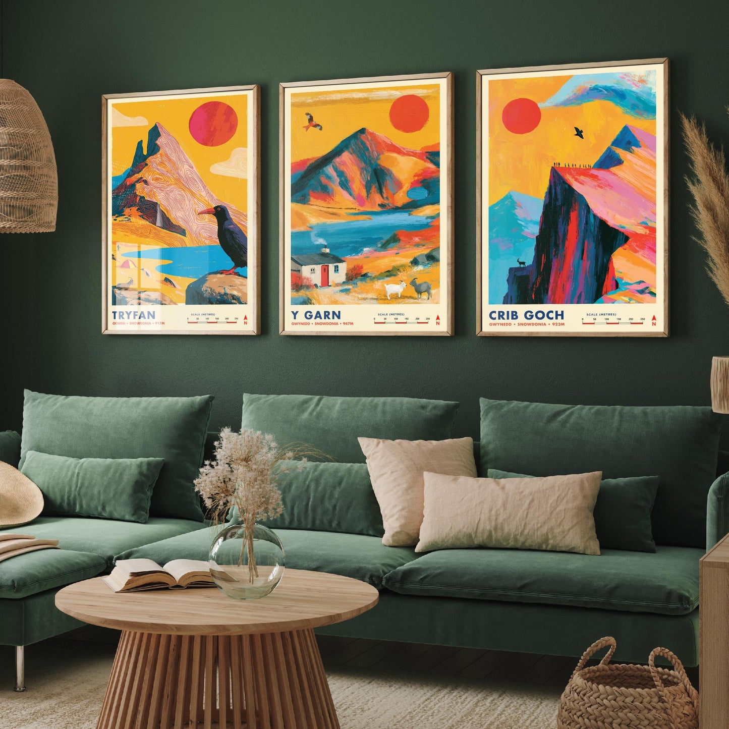 Ogwen Valley Set of Three Travel Posters - Tryfan, Y Garn, Crib Goch - Vibrant Snowdonia Art Print Illustration Gift Wales