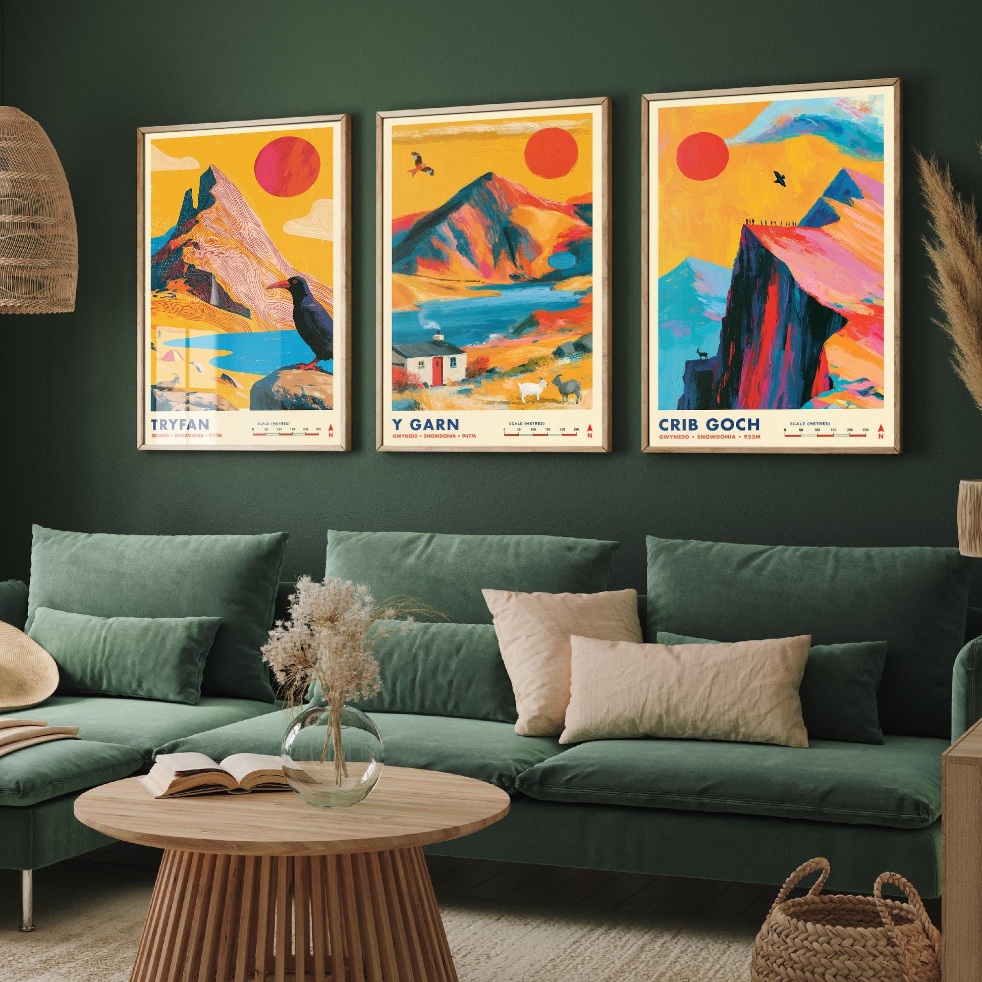 Ogwen Valley Set of Three Travel Posters - Tryfan, Y Garn, Crib Goch - Vibrant Snowdonia Art Print Illustration Gift Wales