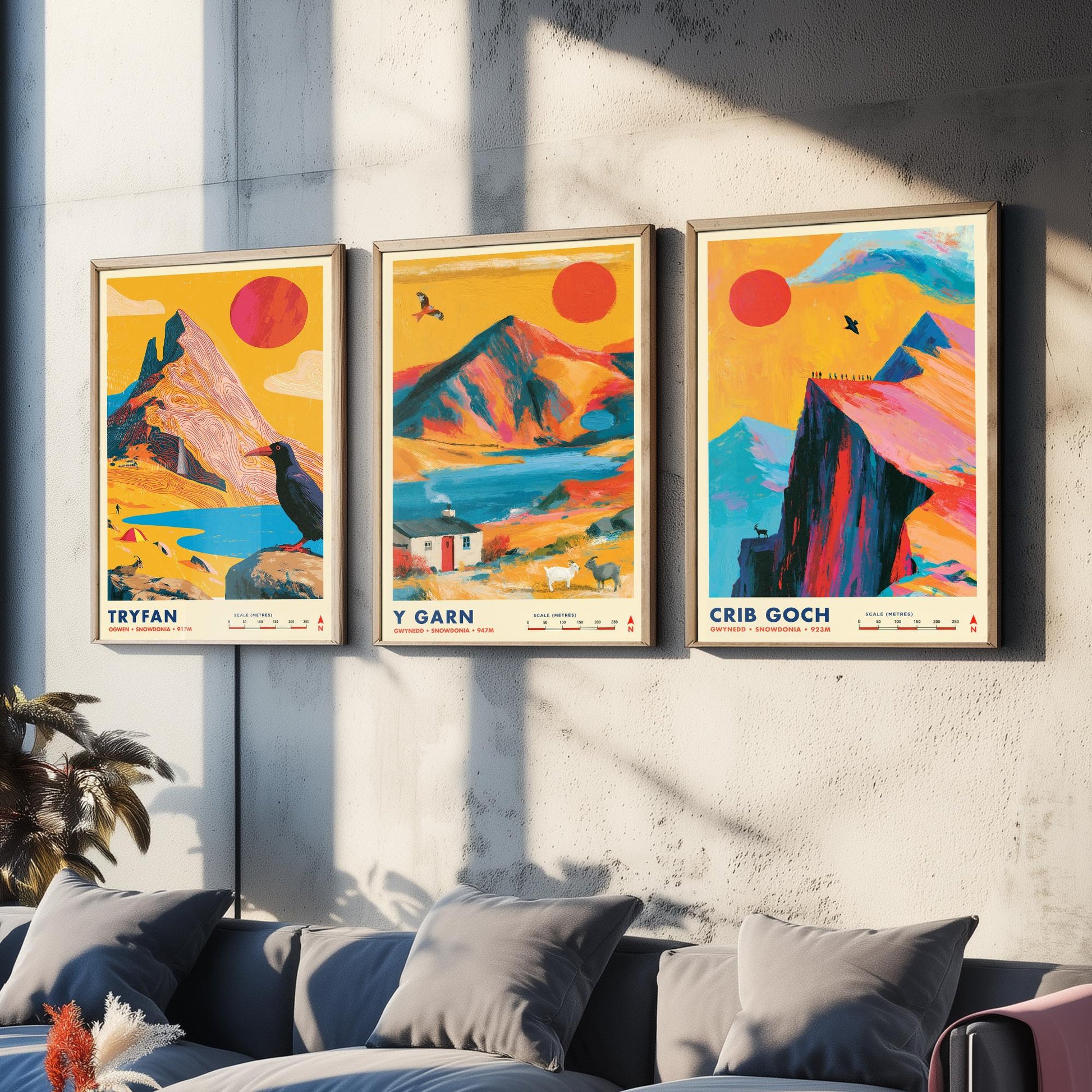 Ogwen Valley Set of Three Travel Posters - Tryfan, Y Garn, Crib Goch - Vibrant Snowdonia Art Print Illustration Gift Wales
