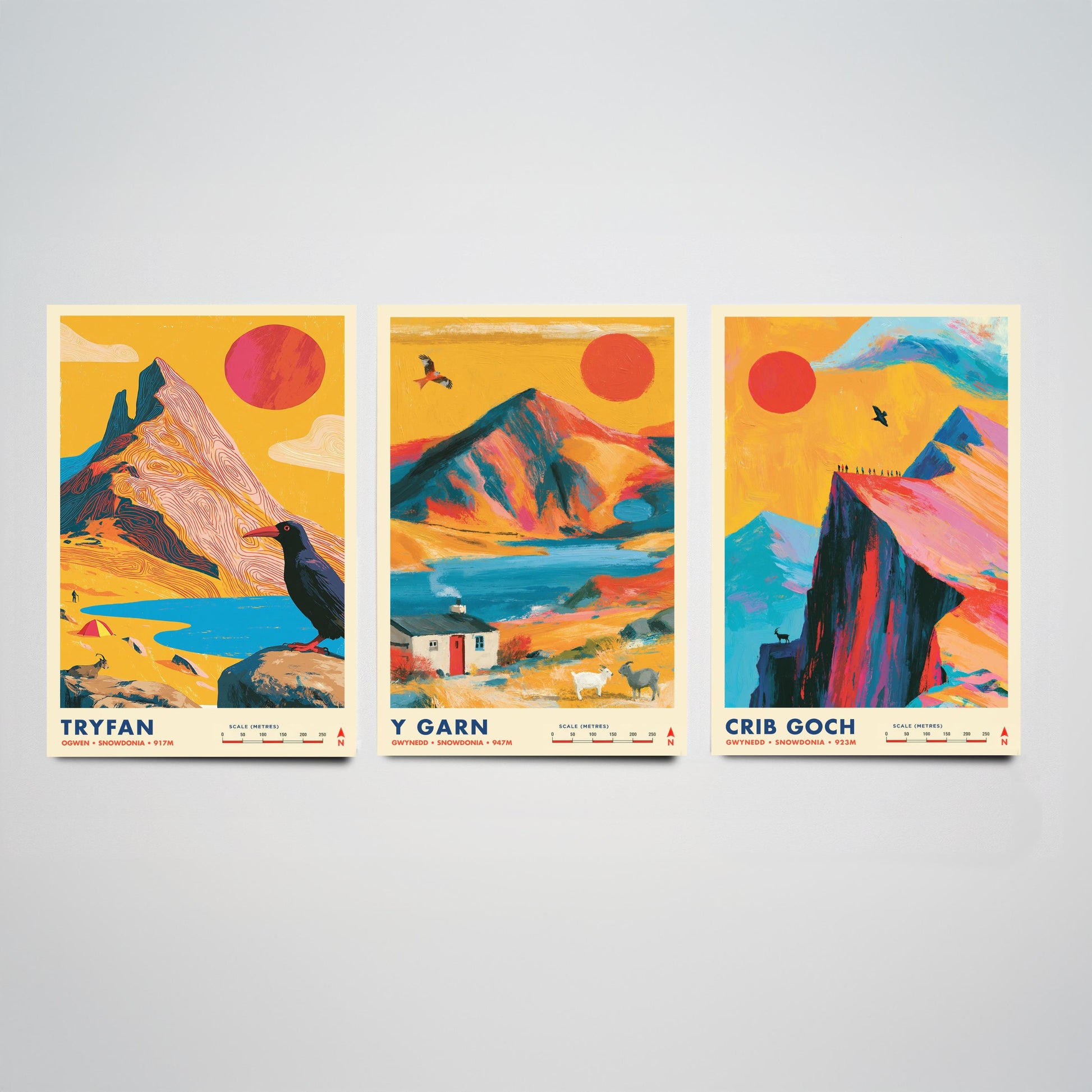 Ogwen Valley Set of Three Travel Posters - Tryfan, Y Garn, Crib Goch - Vibrant Snowdonia Art Print Illustration Gift Wales