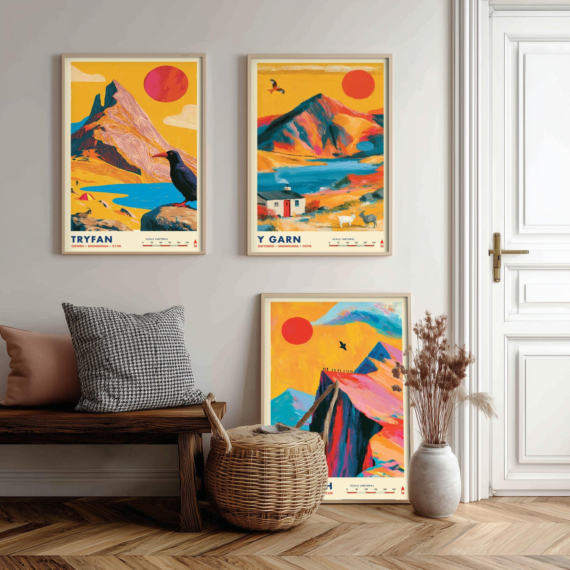 Ogwen Valley Set of Three Travel Posters - Tryfan, Y Garn, Crib Goch - Vibrant Snowdonia Art Print Illustration Gift Wales