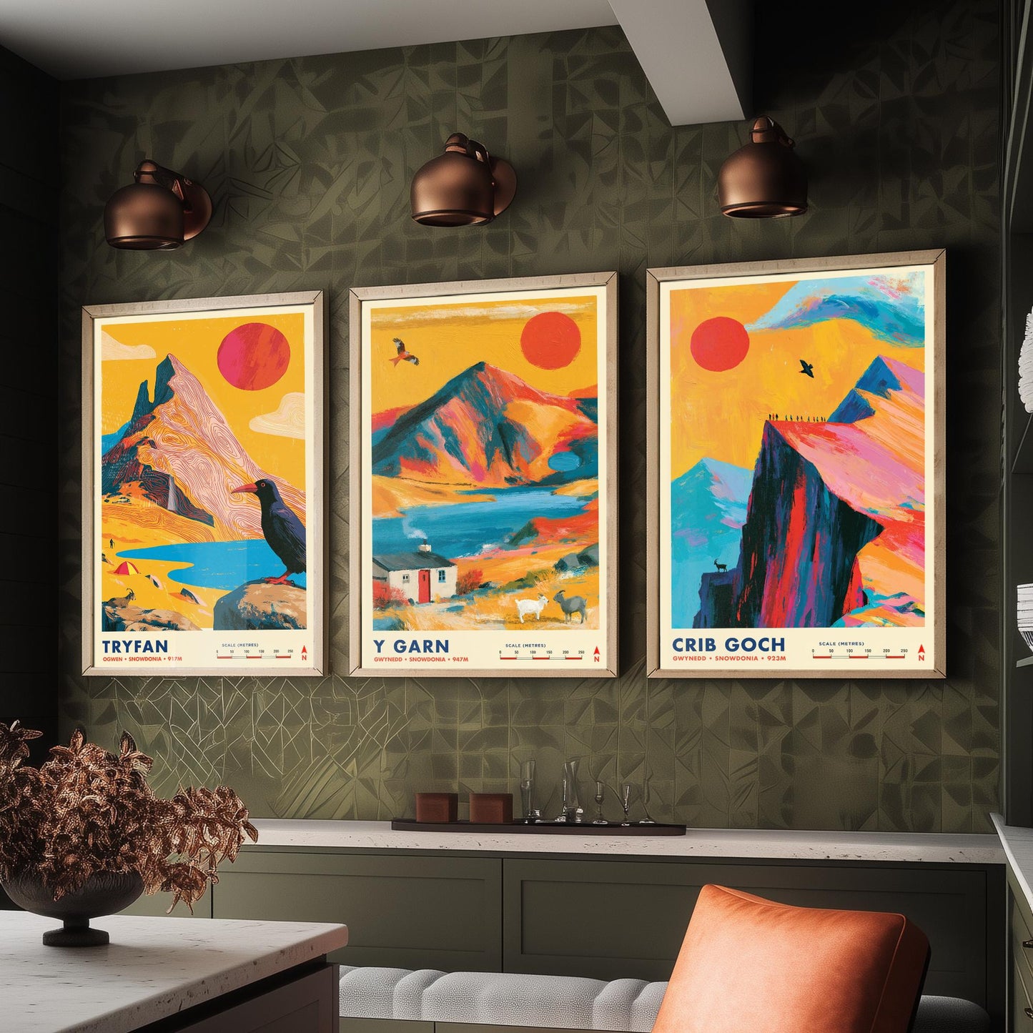 Ogwen Valley Set of Three Travel Posters - Tryfan, Y Garn, Crib Goch - Vibrant Snowdonia Art Print Illustration Gift Wales