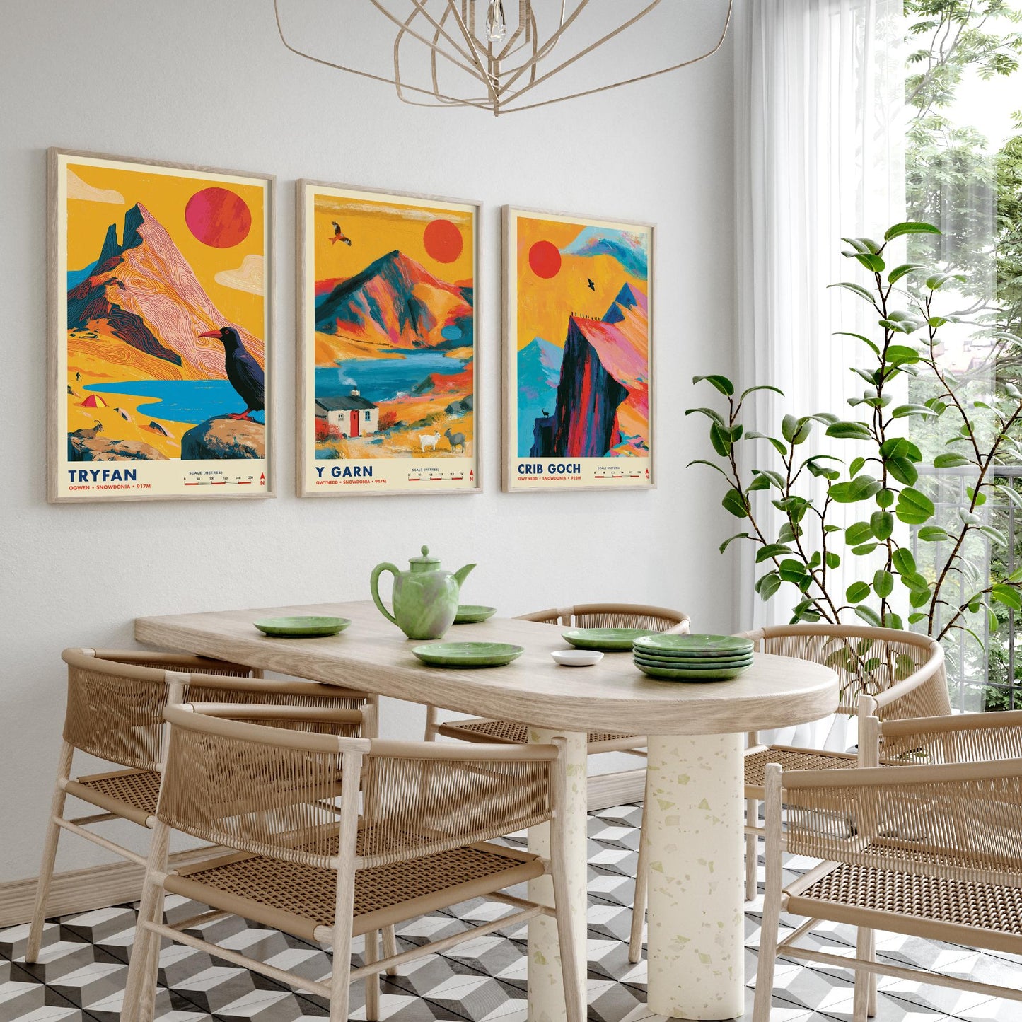 Ogwen Valley Set of Three Travel Posters - Tryfan, Y Garn, Crib Goch - Vibrant Snowdonia Art Print Illustration Gift Wales