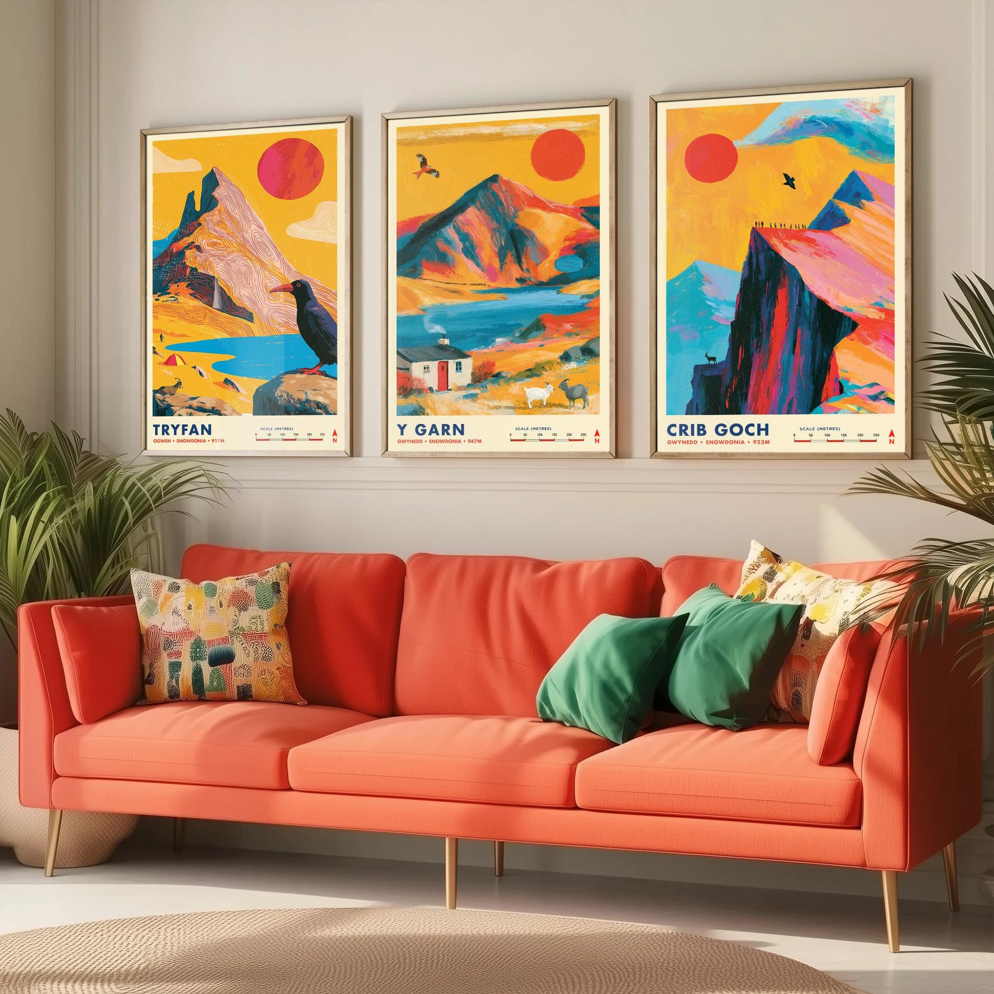 Ogwen Valley Set of Three Travel Posters - Tryfan, Y Garn, Crib Goch - Vibrant Snowdonia Art Print Illustration Gift Wales