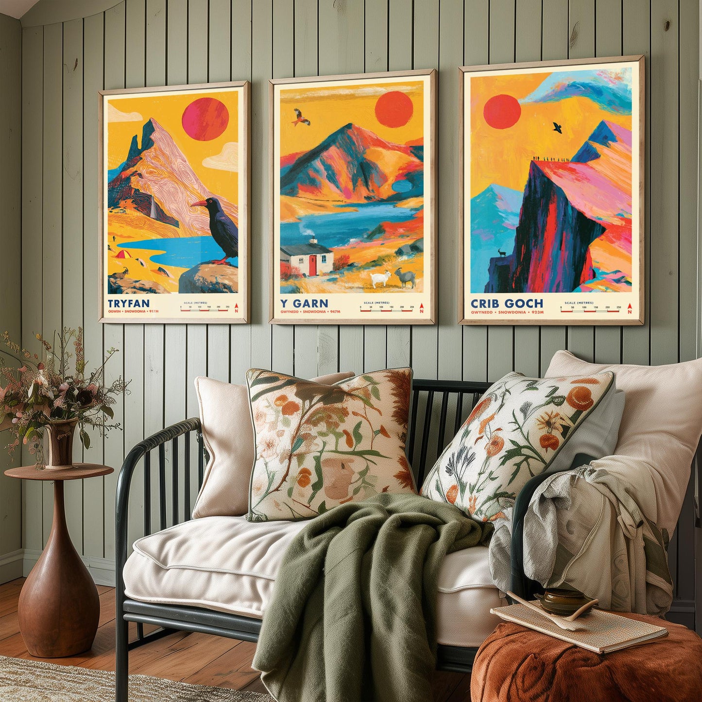 Ogwen Valley Set of Three Travel Posters - Tryfan, Y Garn, Crib Goch - Vibrant Snowdonia Art Print Illustration Gift Wales