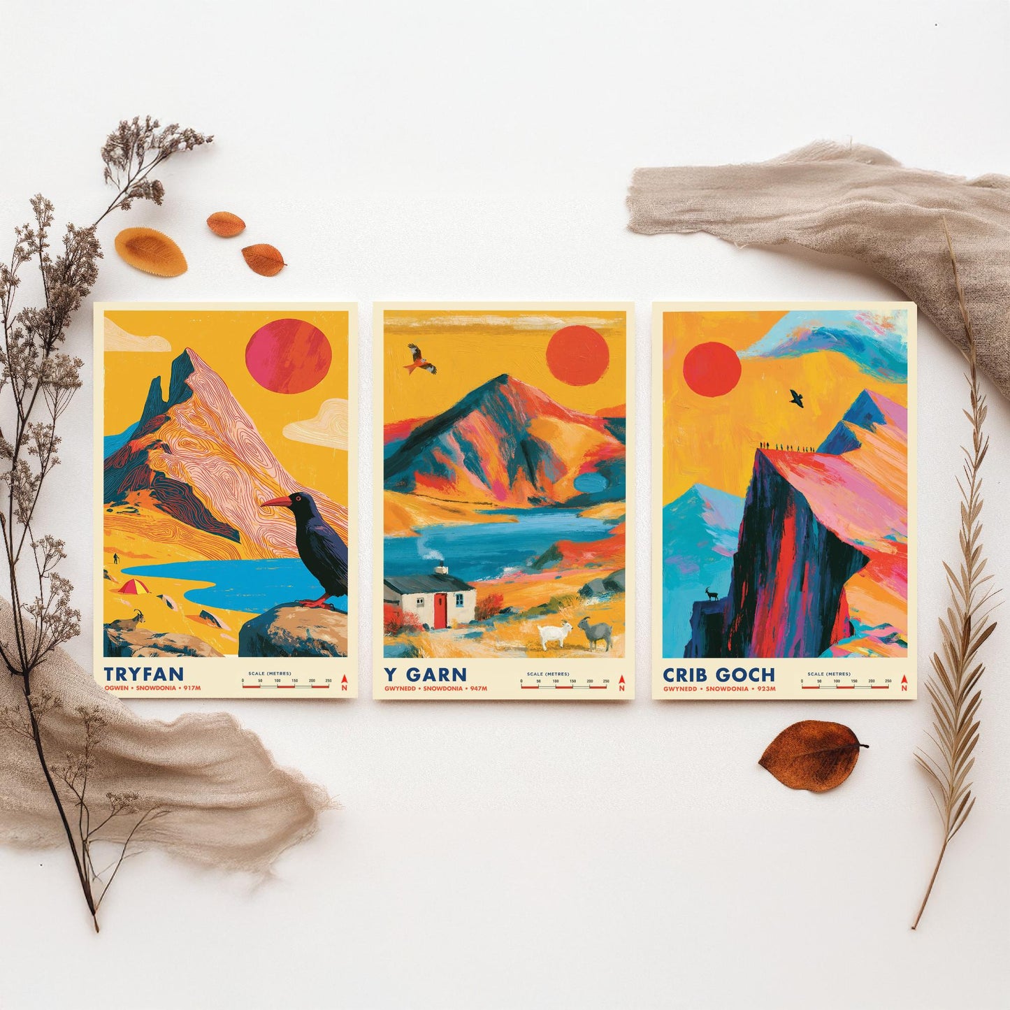 Ogwen Valley Set of Three Travel Posters - Tryfan, Y Garn, Crib Goch - Vibrant Snowdonia Art Print Illustration Gift Wales