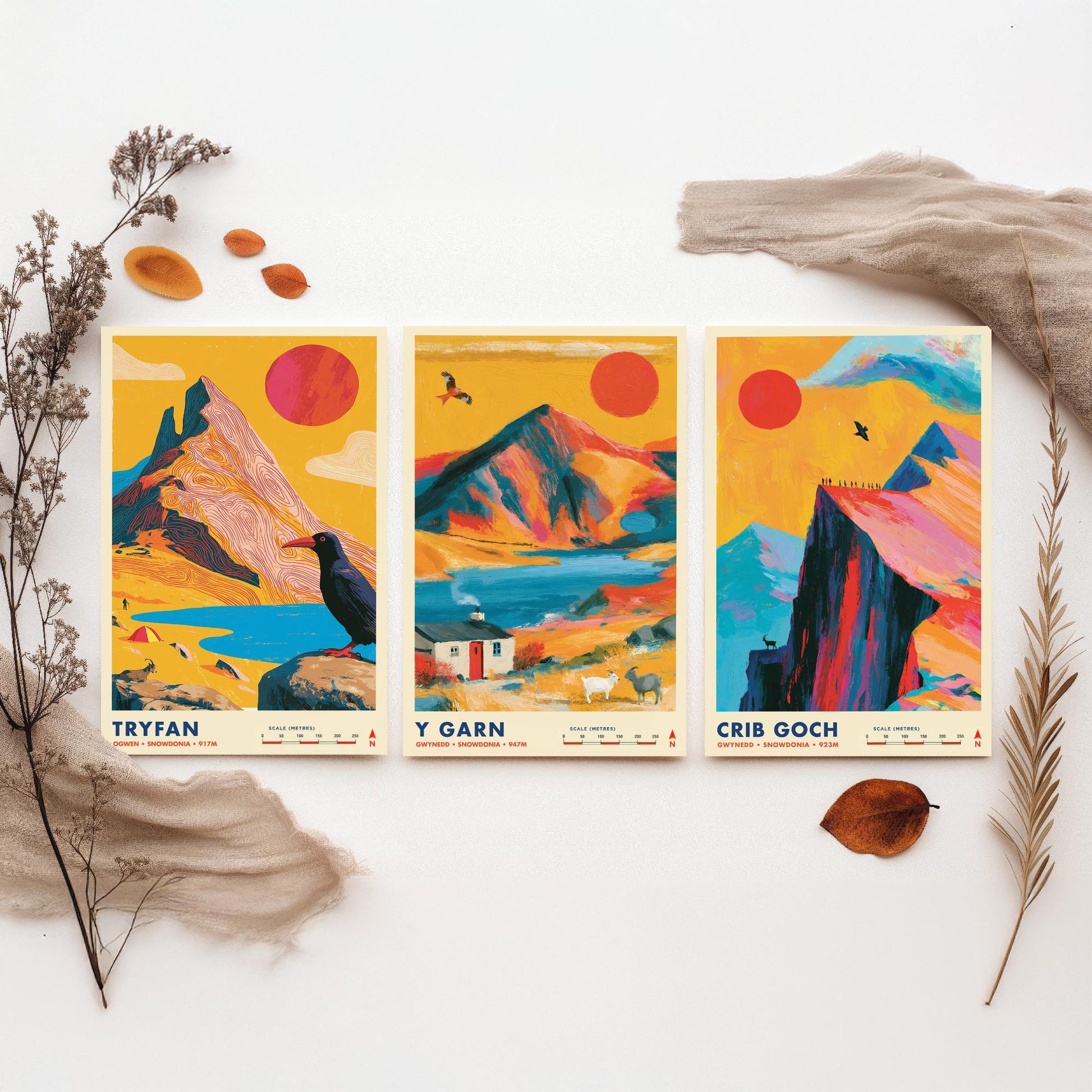 Ogwen Valley Set of Three Travel Posters - Tryfan, Y Garn, Crib Goch - Vibrant Snowdonia Art Print Illustration Gift Wales