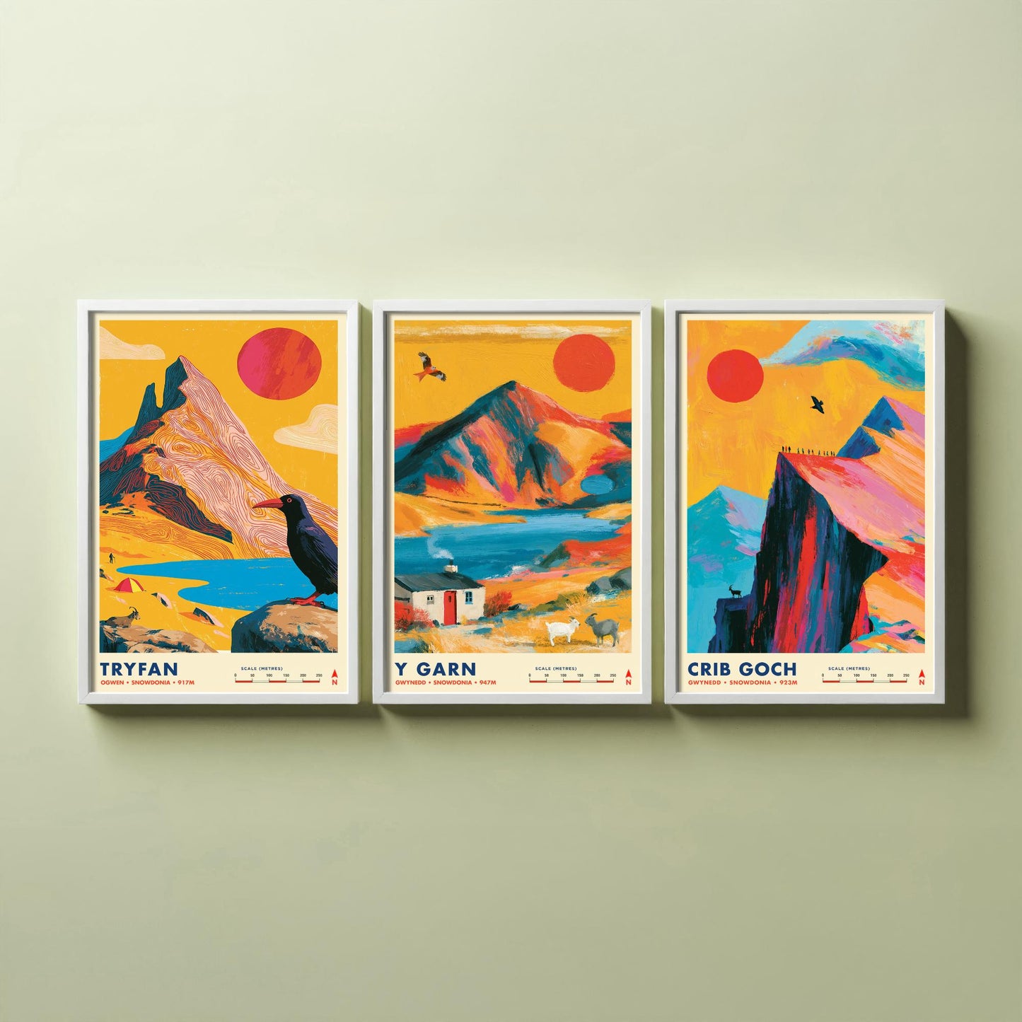 Ogwen Valley Set of Three Travel Posters - Tryfan, Y Garn, Crib Goch - Vibrant Snowdonia Art Print Illustration Gift Wales