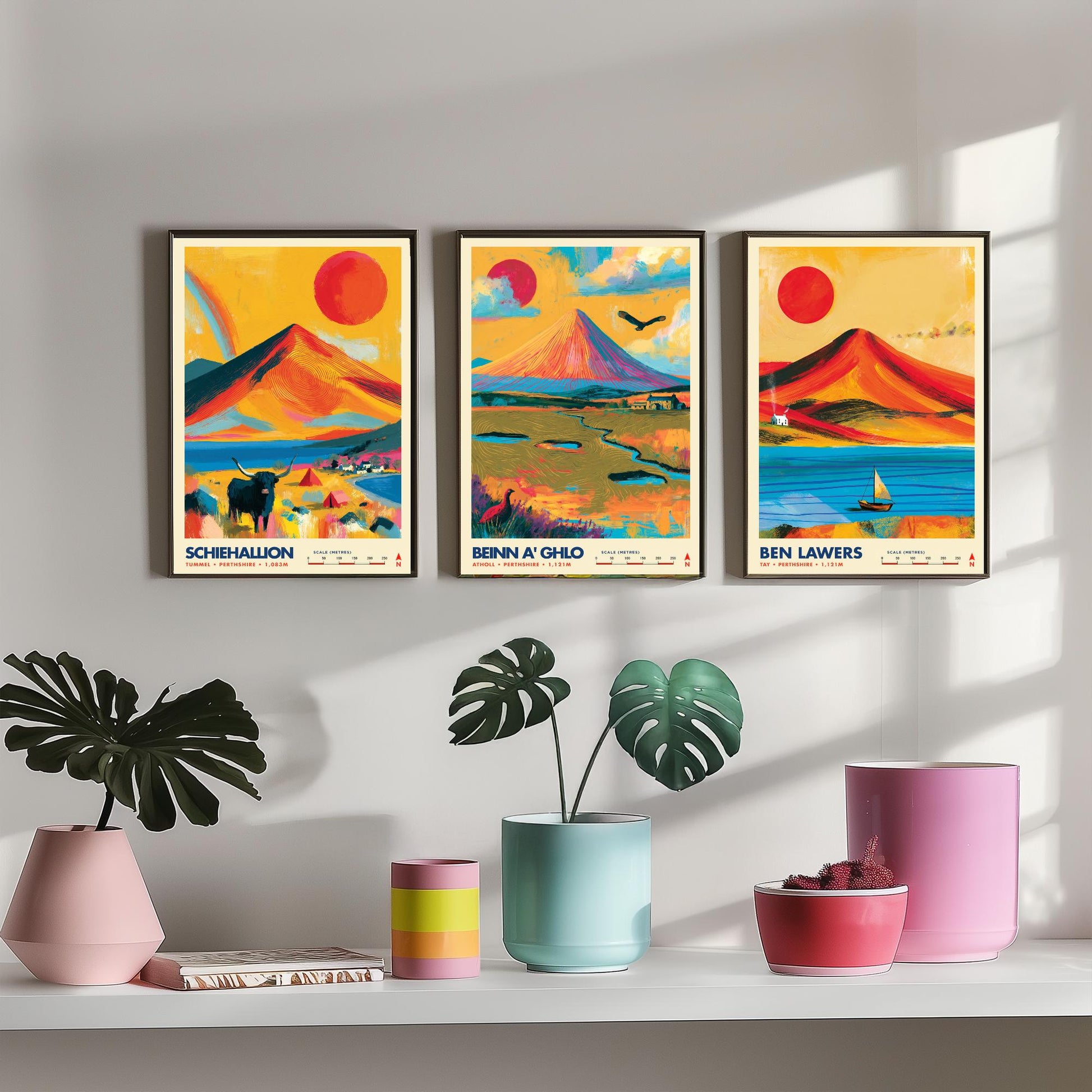 Perthshire Highlands Set of Three Travel Posters - Schiehallion, Beinn a Ghlo, Ben Lawers - Vibrant Scotland Art Print Illustration