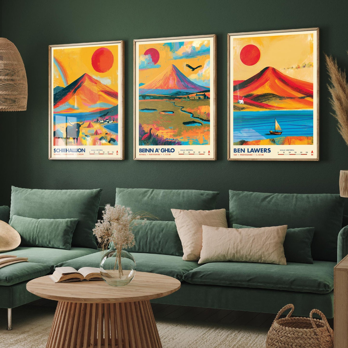 Perthshire Highlands Set of Three Travel Posters - Schiehallion, Beinn a Ghlo, Ben Lawers - Vibrant Scotland Art Print Illustration
