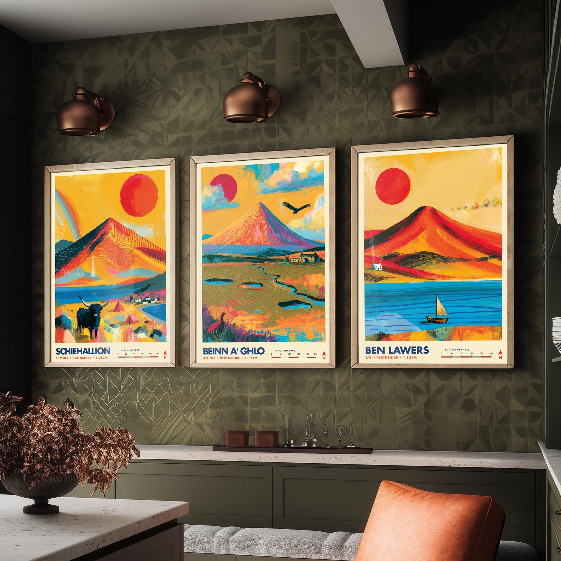 Perthshire Highlands Set of Three Travel Posters - Schiehallion, Beinn a Ghlo, Ben Lawers - Vibrant Scotland Art Print Illustration