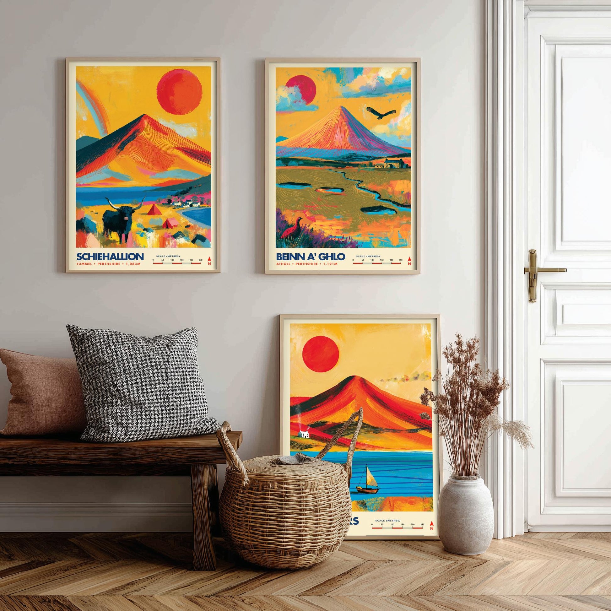 Perthshire Highlands Set of Three Travel Posters - Schiehallion, Beinn a Ghlo, Ben Lawers - Vibrant Scotland Art Print Illustration