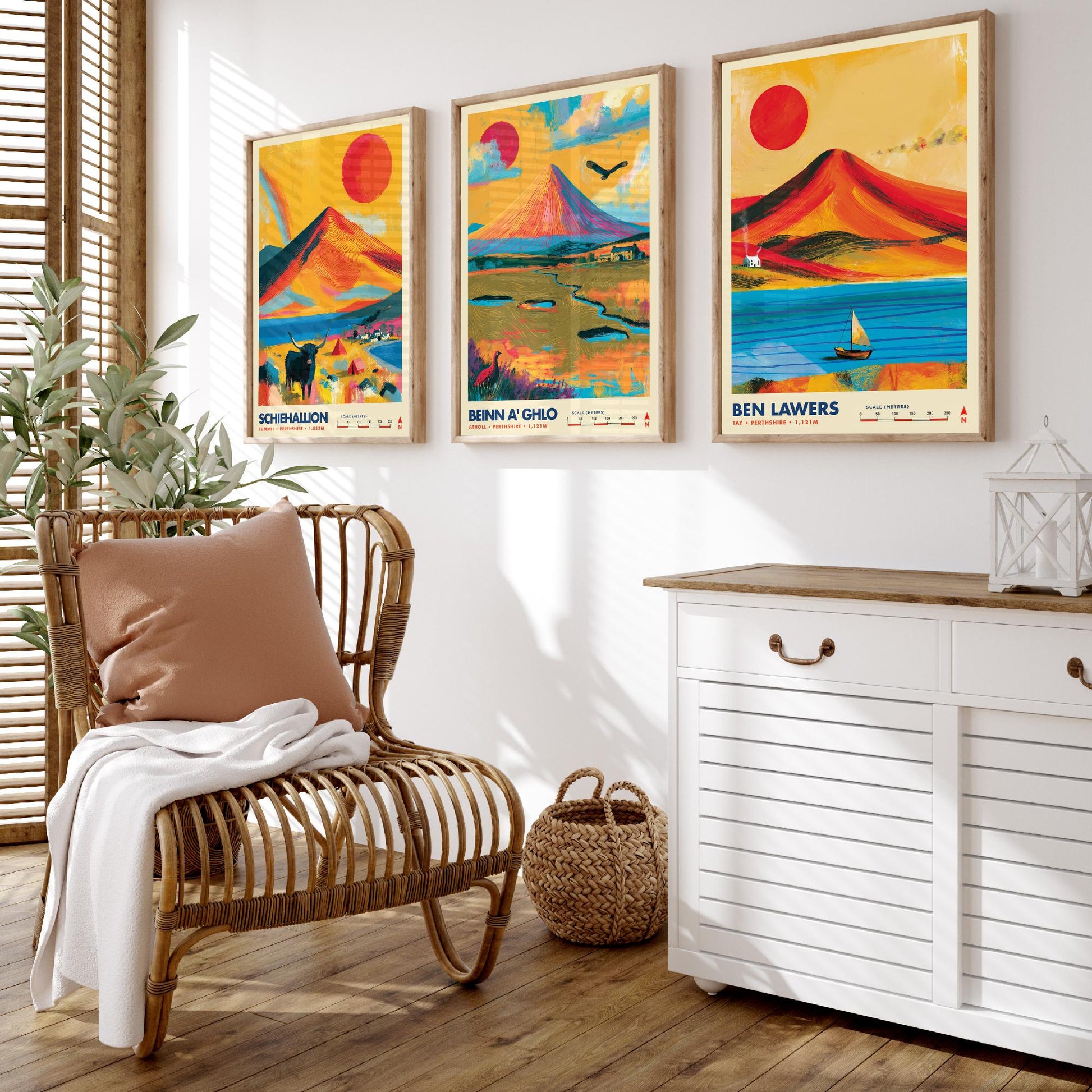 Perthshire Highlands Set of Three Travel Posters - Schiehallion, Beinn a Ghlo, Ben Lawers - Vibrant Scotland Art Print Illustration