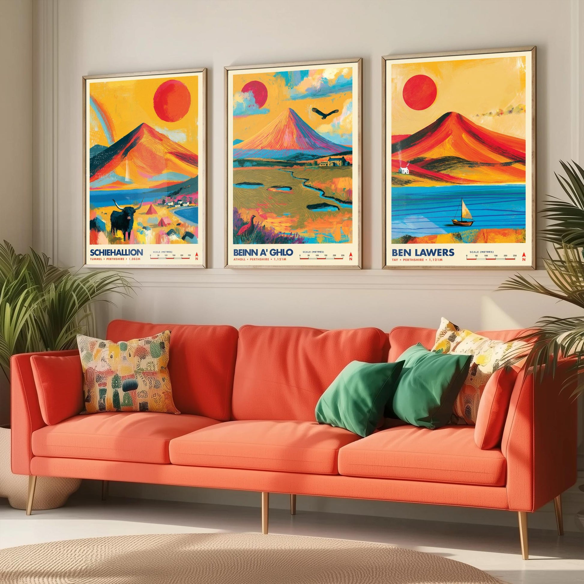 Perthshire Highlands Set of Three Travel Posters - Schiehallion, Beinn a Ghlo, Ben Lawers - Vibrant Scotland Art Print Illustration