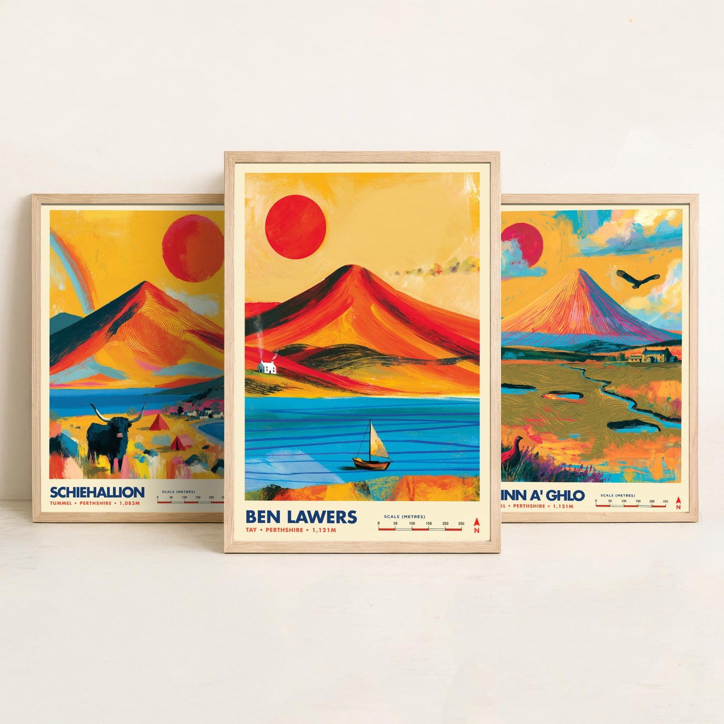 Perthshire Highlands Set of Three Travel Posters - Schiehallion, Beinn a Ghlo, Ben Lawers - Vibrant Scotland Art Print Illustration