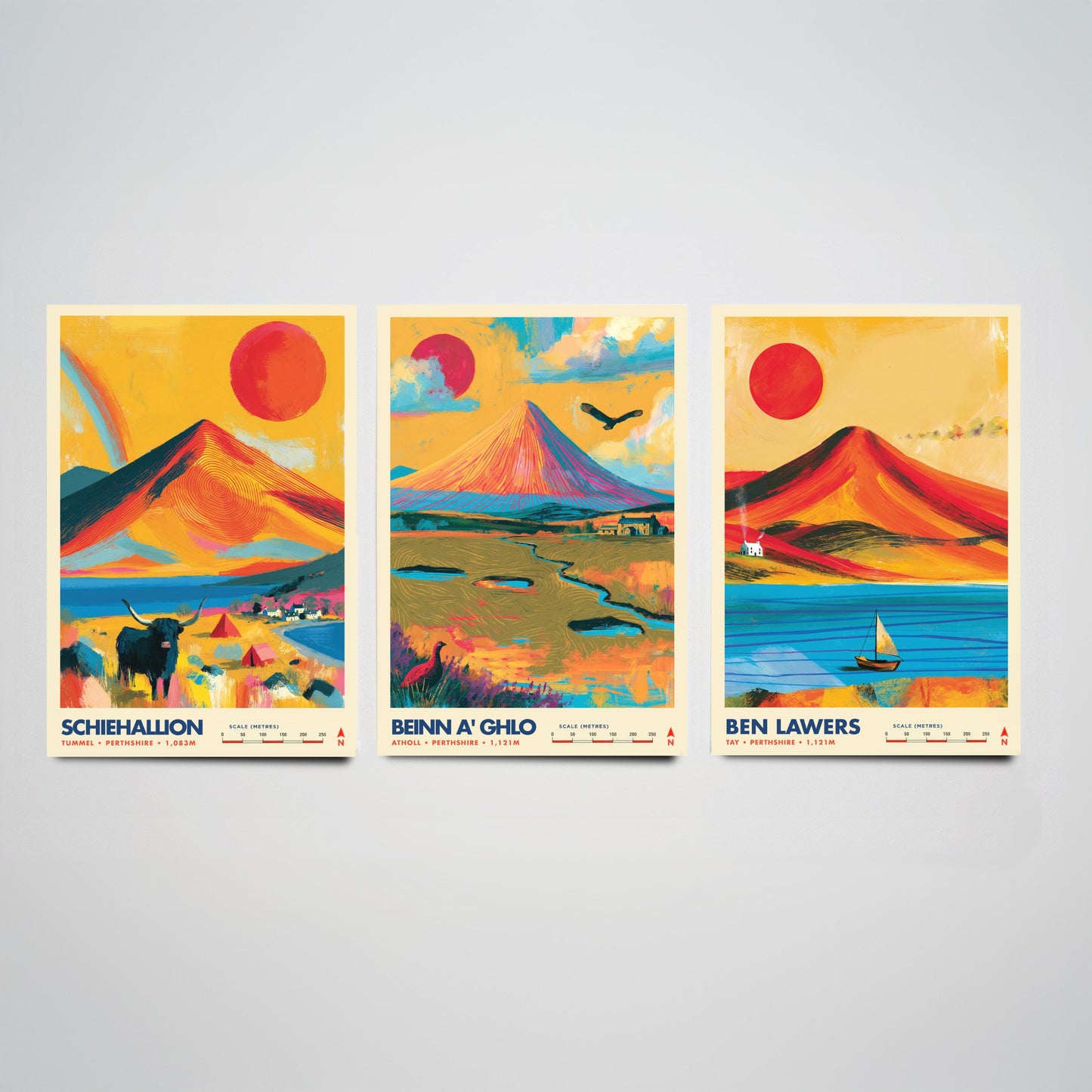 Perthshire Highlands Set of Three Travel Posters - Schiehallion, Beinn a Ghlo, Ben Lawers - Vibrant Scotland Art Print Illustration