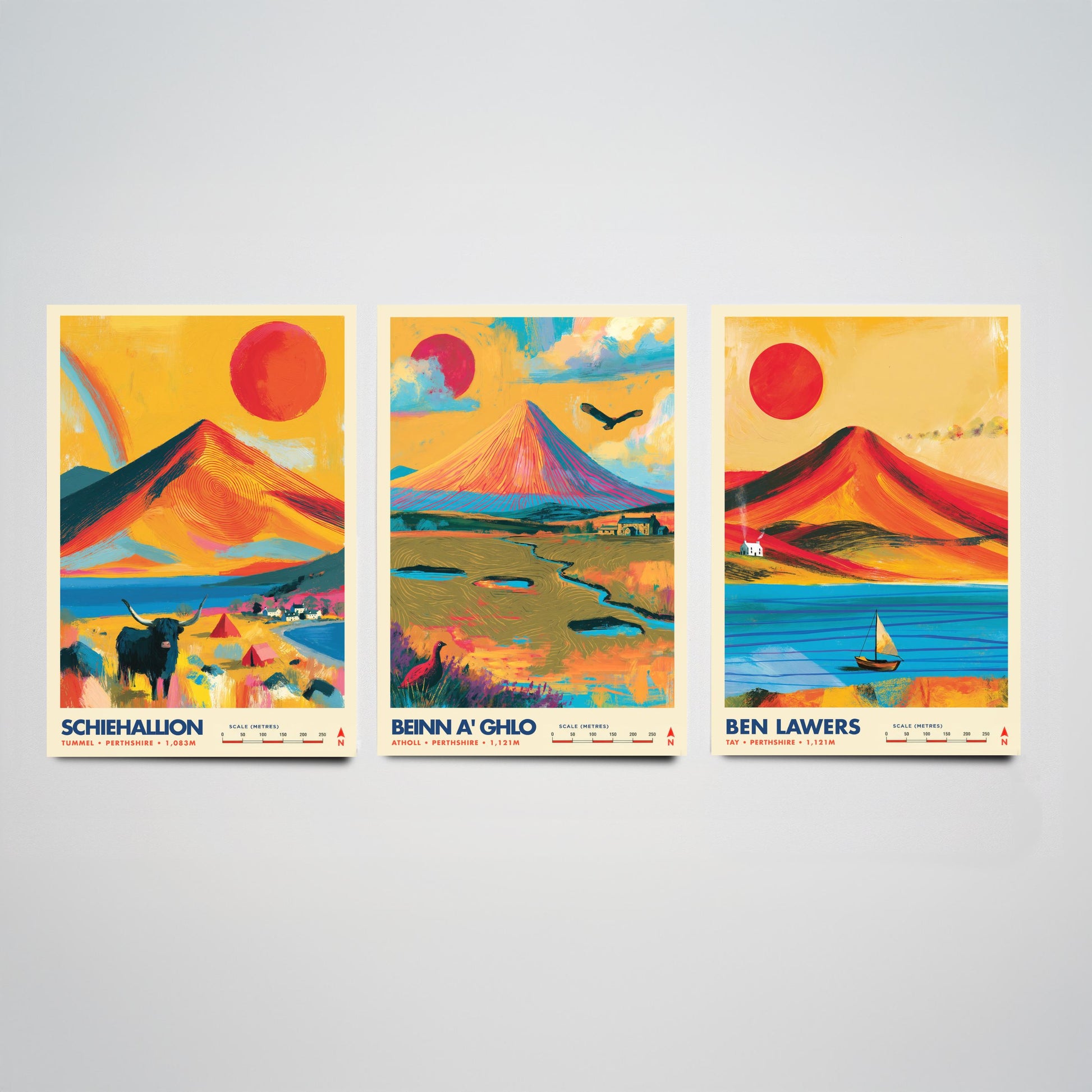Perthshire Highlands Set of Three Travel Posters - Schiehallion, Beinn a Ghlo, Ben Lawers - Vibrant Scotland Art Print Illustration
