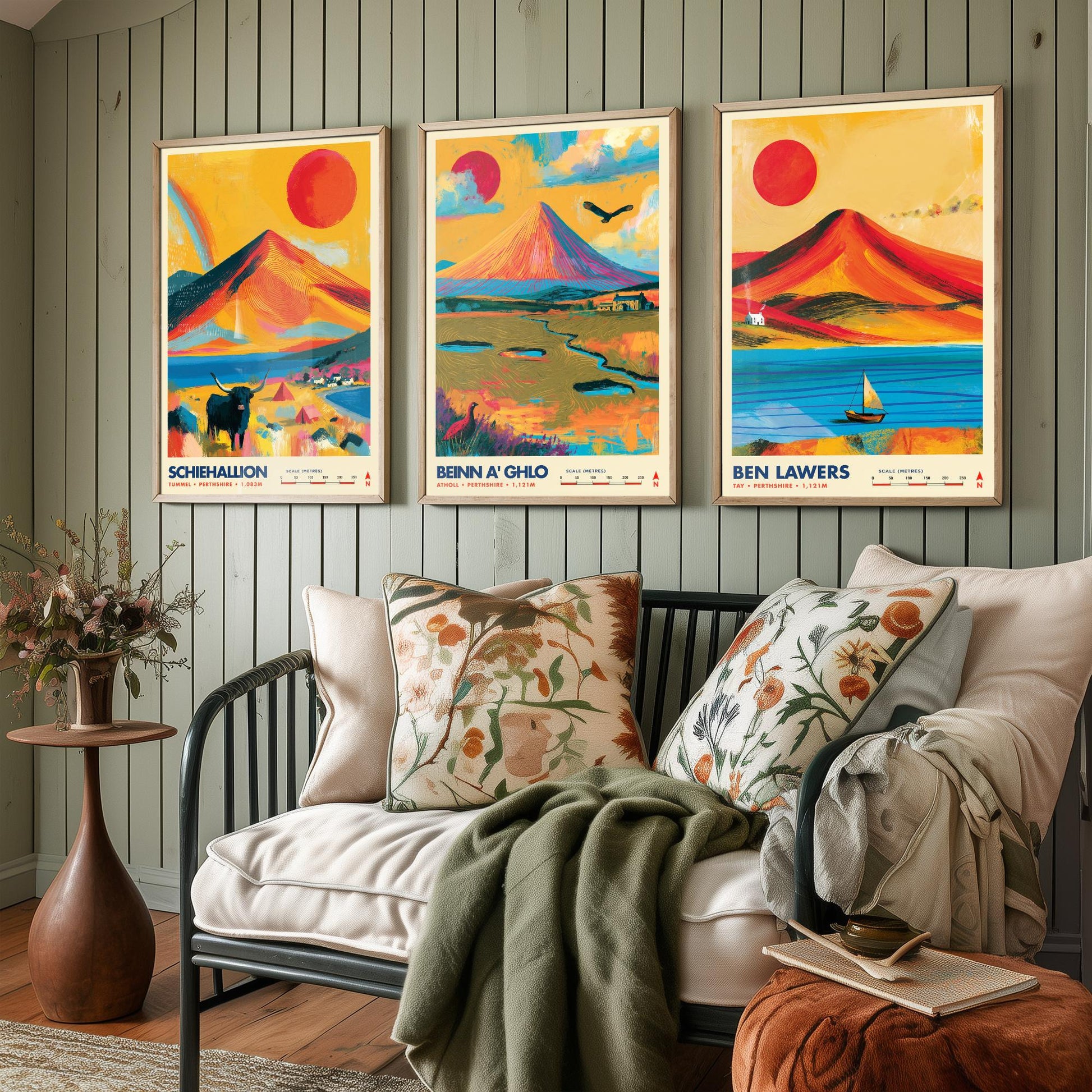 Perthshire Highlands Set of Three Travel Posters - Schiehallion, Beinn a Ghlo, Ben Lawers - Vibrant Scotland Art Print Illustration