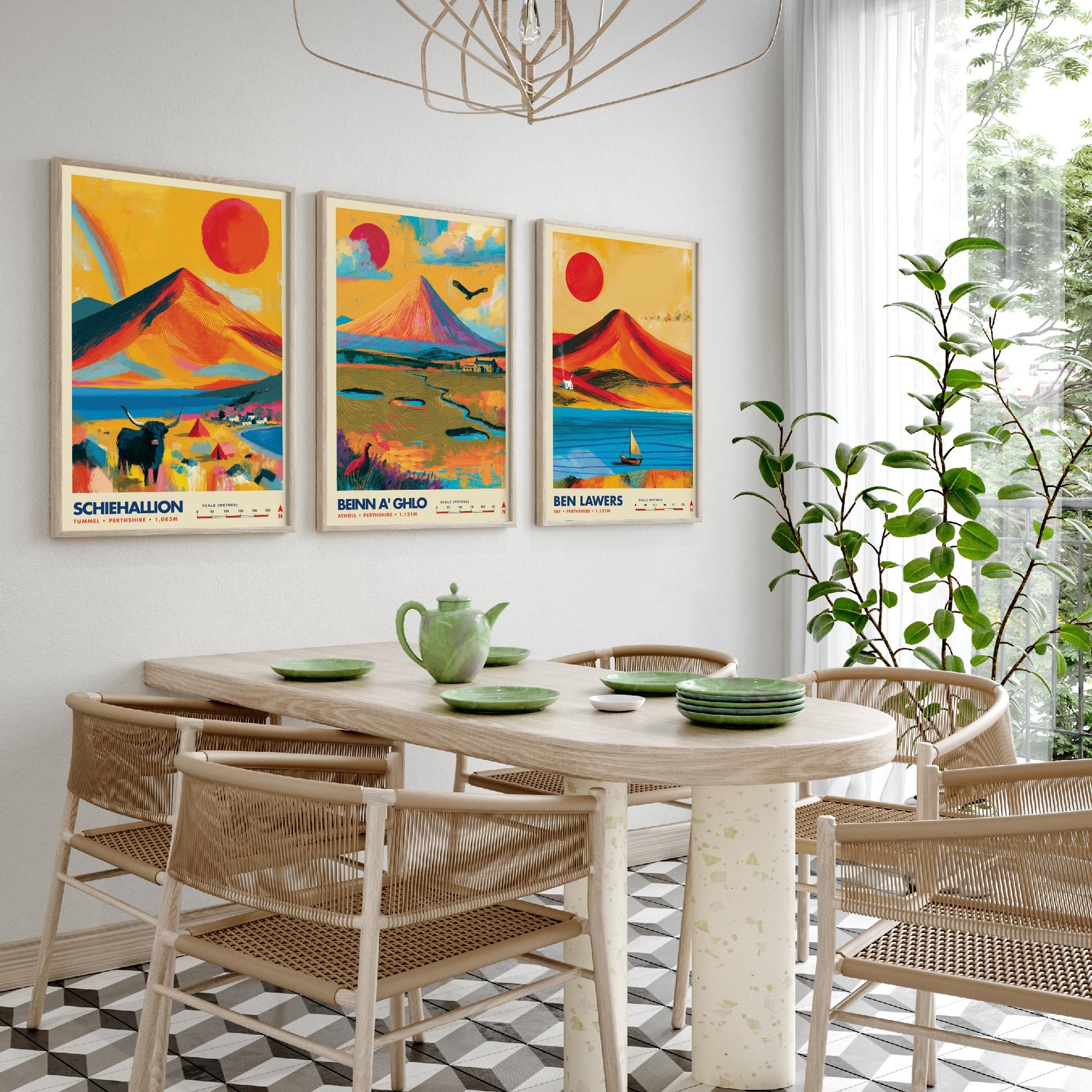 Perthshire Highlands Set of Three Travel Posters - Schiehallion, Beinn a Ghlo, Ben Lawers - Vibrant Scotland Art Print Illustration