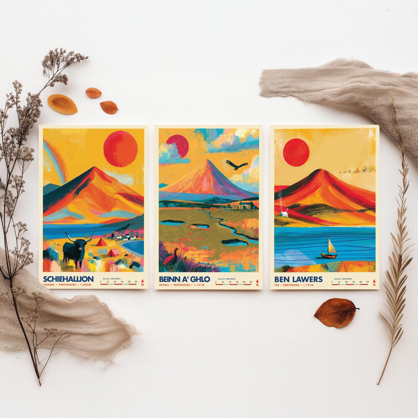 Perthshire Highlands Set of Three Travel Posters - Schiehallion, Beinn a Ghlo, Ben Lawers - Vibrant Scotland Art Print Illustration