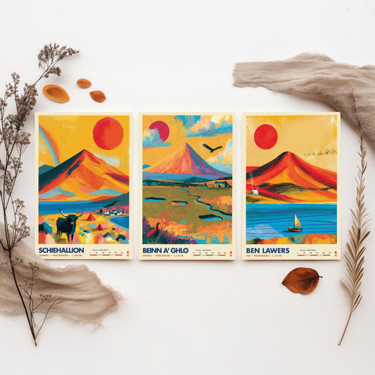 Perthshire Highlands Set of Three Travel Posters - Schiehallion, Beinn a Ghlo, Ben Lawers - Vibrant Scotland Art Print Illustration