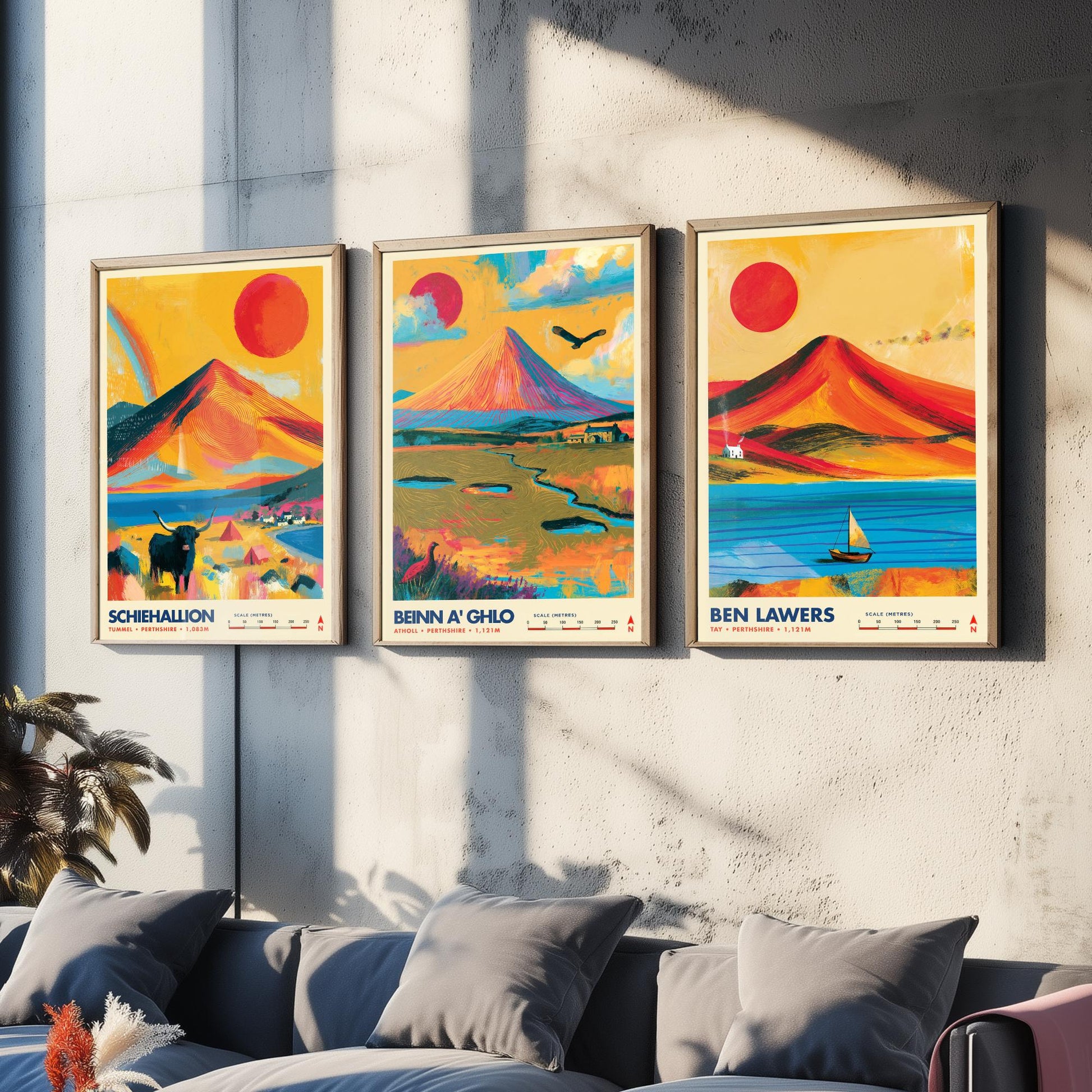 Perthshire Highlands Set of Three Travel Posters - Schiehallion, Beinn a Ghlo, Ben Lawers - Vibrant Scotland Art Print Illustration