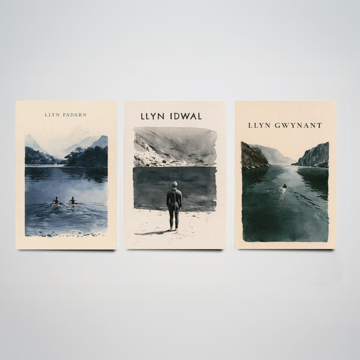 The Three Lakes of Eryri Set of Three Art Prints - Llyn Padarn, Llyn Idwal, Llyn Gwynant Wild Swimming - Snowdonia Watercolour Posters