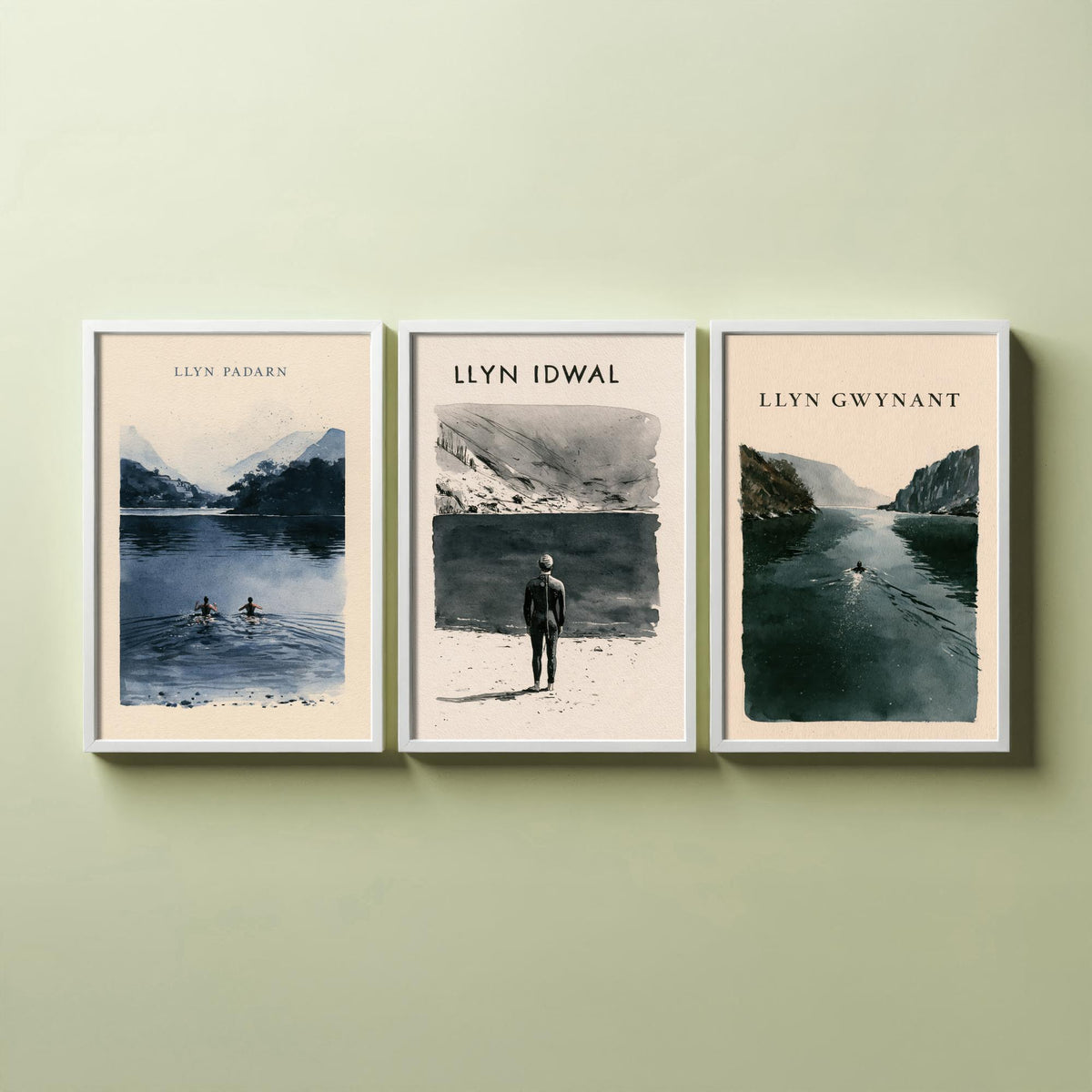 The Three Lakes of Eryri Set of Three Art Prints - Llyn Padarn, Llyn Idwal, Llyn Gwynant Wild Swimming - Snowdonia Watercolour Posters
