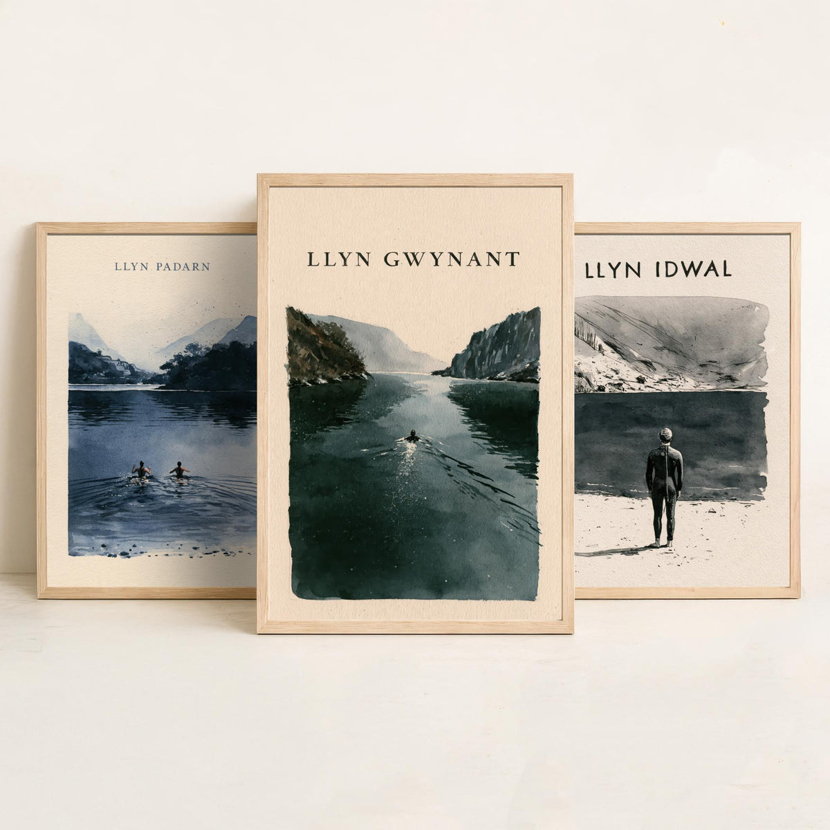 The Three Lakes of Eryri Set of Three Art Prints - Llyn Padarn, Llyn Idwal, Llyn Gwynant Wild Swimming - Snowdonia Watercolour Posters