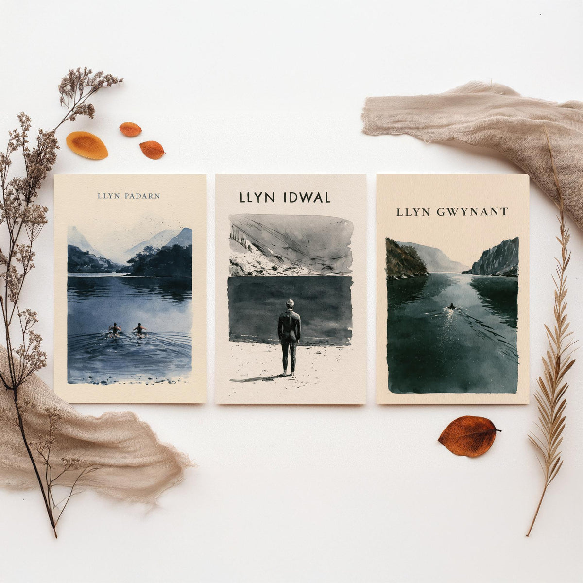 The Three Lakes of Eryri Set of Three Art Prints - Llyn Padarn, Llyn Idwal, Llyn Gwynant Wild Swimming - Snowdonia Watercolour Posters