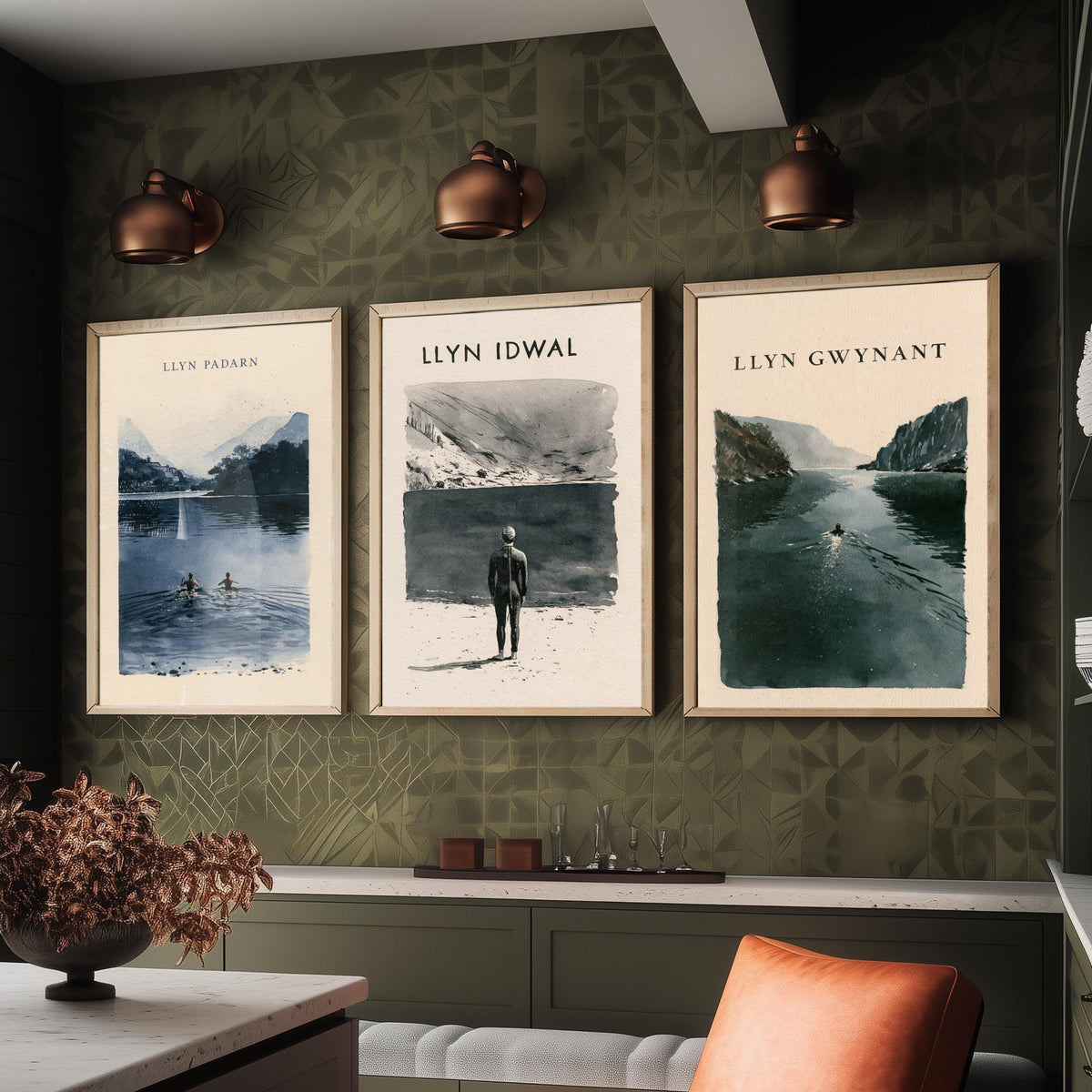 The Three Lakes of Eryri Set of Three Art Prints - Llyn Padarn, Llyn Idwal, Llyn Gwynant Wild Swimming - Snowdonia Watercolour Posters