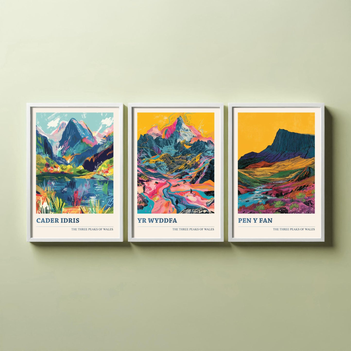 Set of Three Welsh Three Peaks Art Prints - Cader Idris, Yr Wyddfa, Pen y Fan - 3 Mountain Wales Posters Illustration Gift