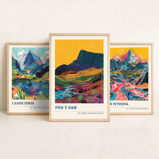 Set of Three Welsh Three Peaks Art Prints - Cader Idris, Yr Wyddfa, Pen y Fan - 3 Mountain Wales Posters Illustration Gift