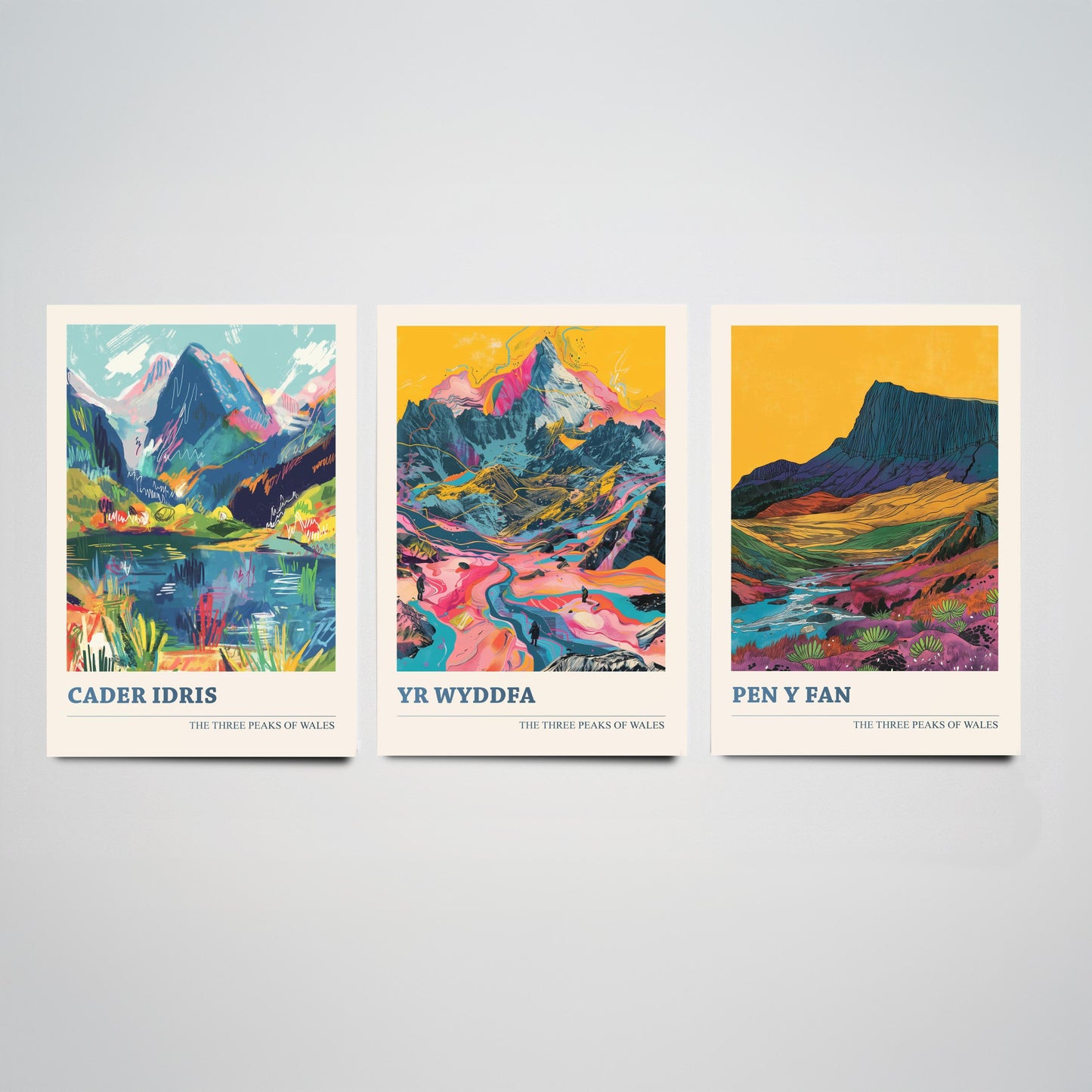 Set of Three Welsh Three Peaks Art Prints - Cader Idris, Yr Wyddfa, Pen y Fan - 3 Mountain Wales Posters Illustration Gift