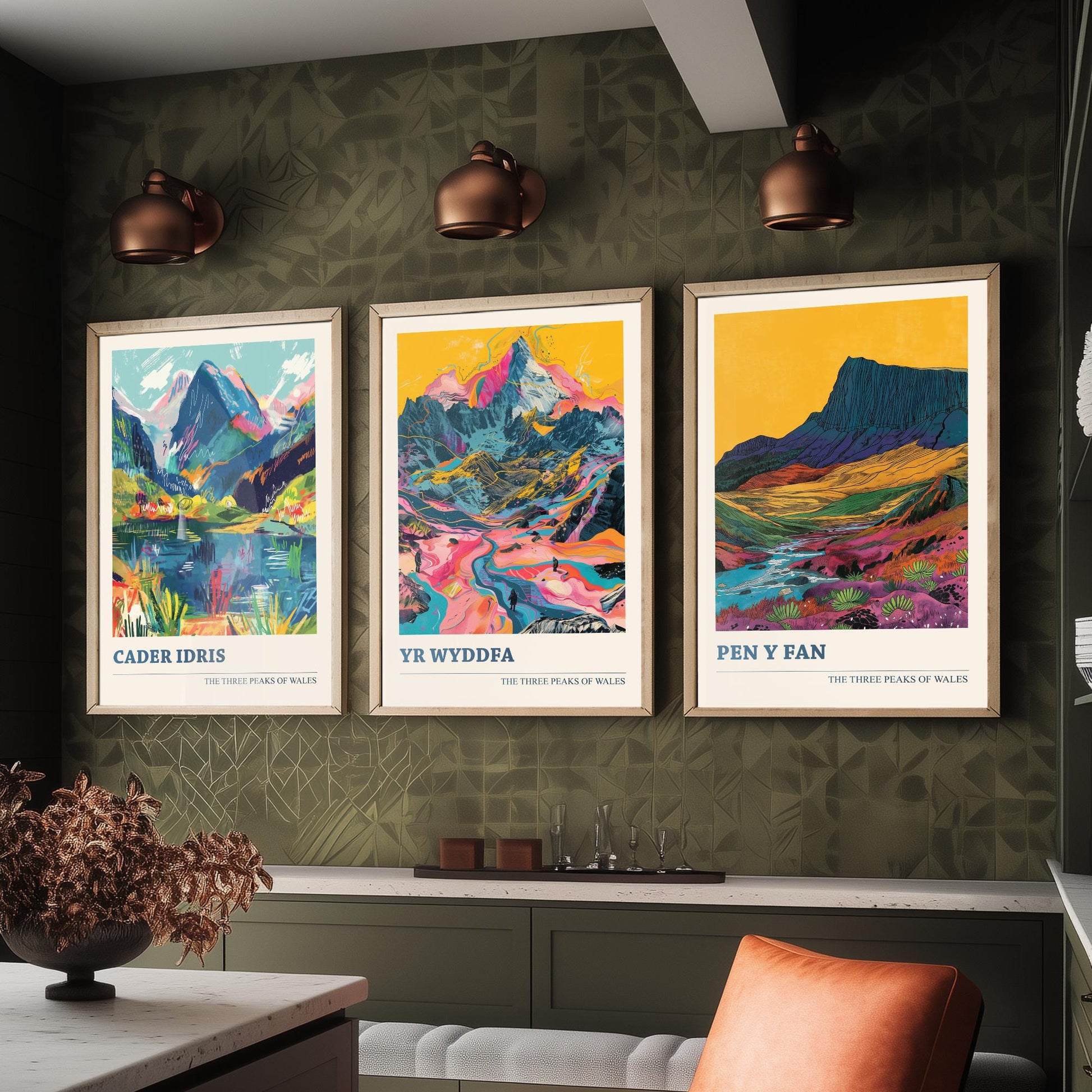 Set of Three Welsh Three Peaks Art Prints - Cader Idris, Yr Wyddfa, Pen y Fan - 3 Mountain Wales Posters Illustration Gift
