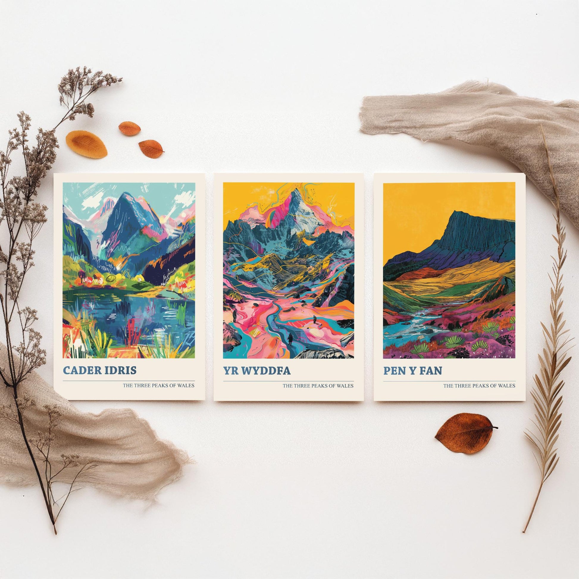 Set of Three Welsh Three Peaks Art Prints - Cader Idris, Yr Wyddfa, Pen y Fan - 3 Mountain Wales Posters Illustration Gift