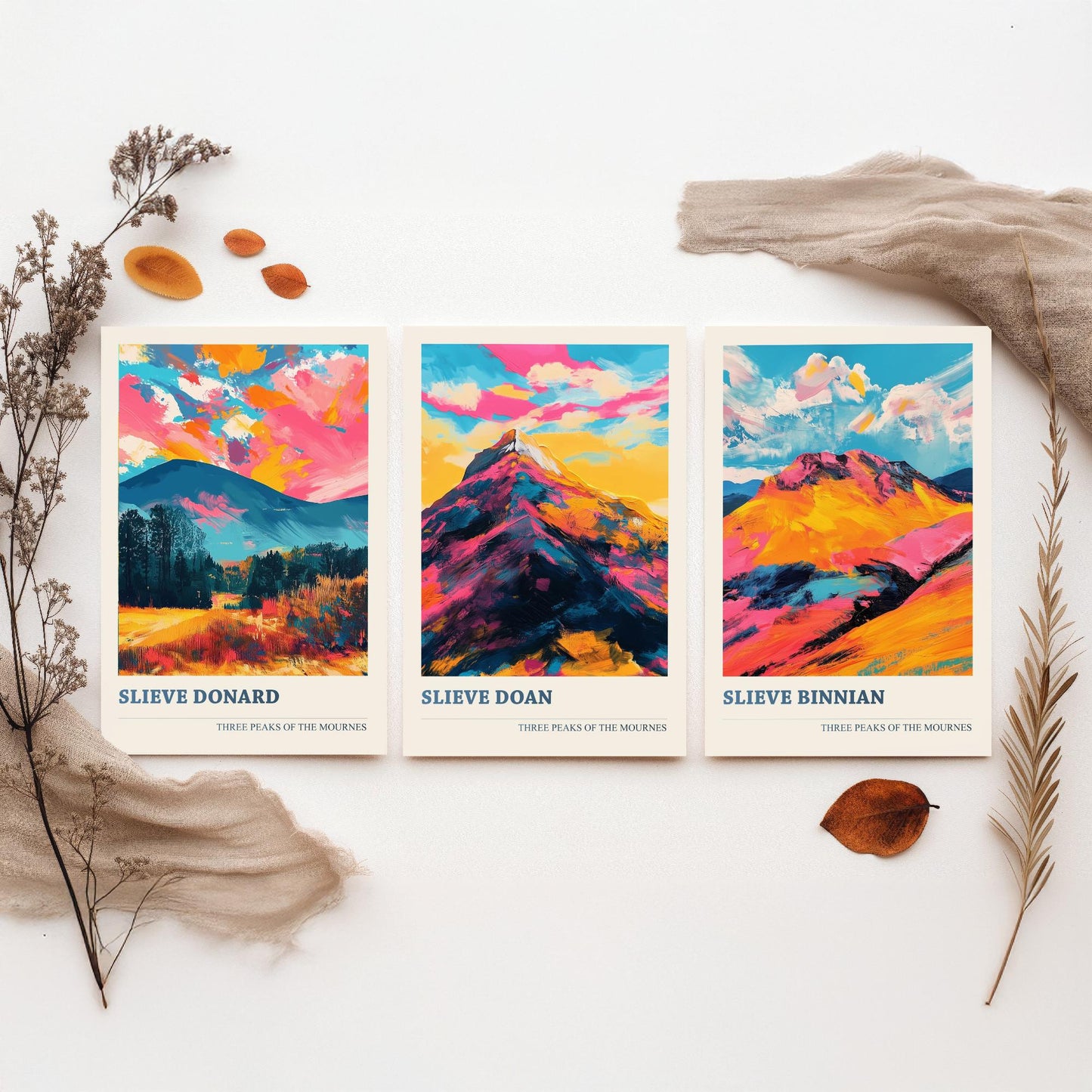 Set of Three Mourne Mountains Art Prints - Slieve Donard, Slieve Doan, Slieve Binnian - 3 Peaks Posters Painting Gift