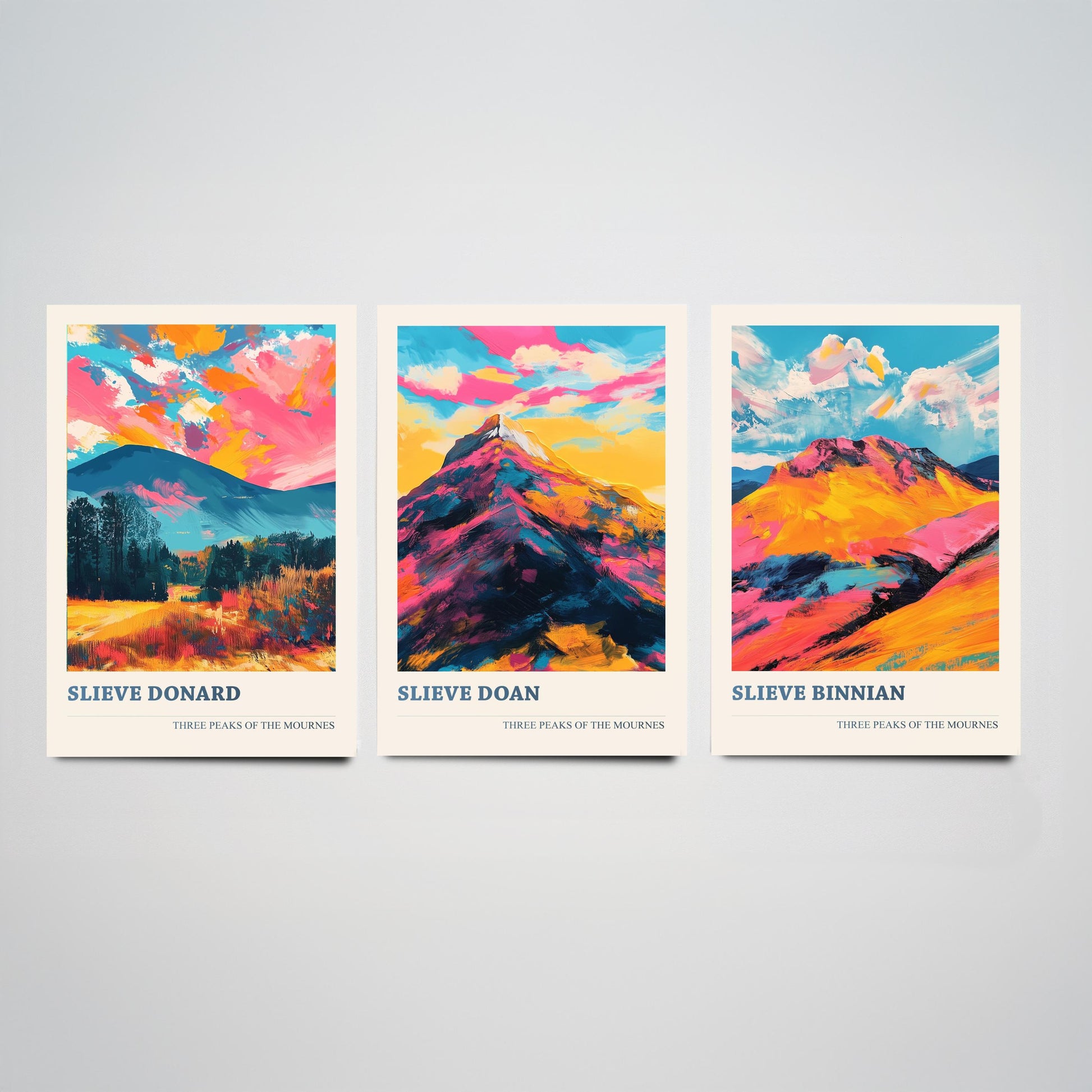 Set of Three Mourne Mountains Art Prints - Slieve Donard, Slieve Doan, Slieve Binnian - 3 Peaks Posters Painting Gift