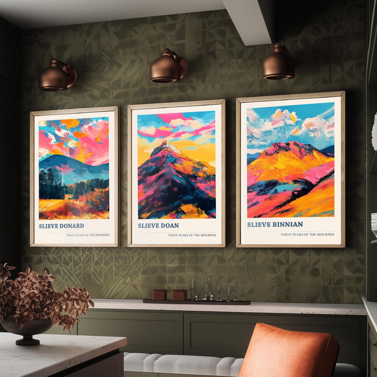 Set of Three Mourne Mountains Art Prints - Slieve Donard, Slieve Doan, Slieve Binnian - 3 Peaks Posters Painting Gift