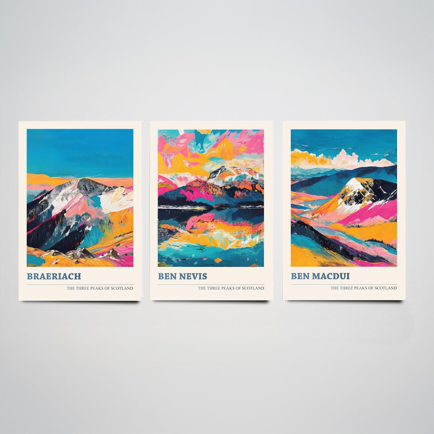 Set of Three Scotland Three Peaks Art Prints - Ben Nevis, Ben Macdui, Braeriach - 3 Mountain Posters Painting Gift Décor
