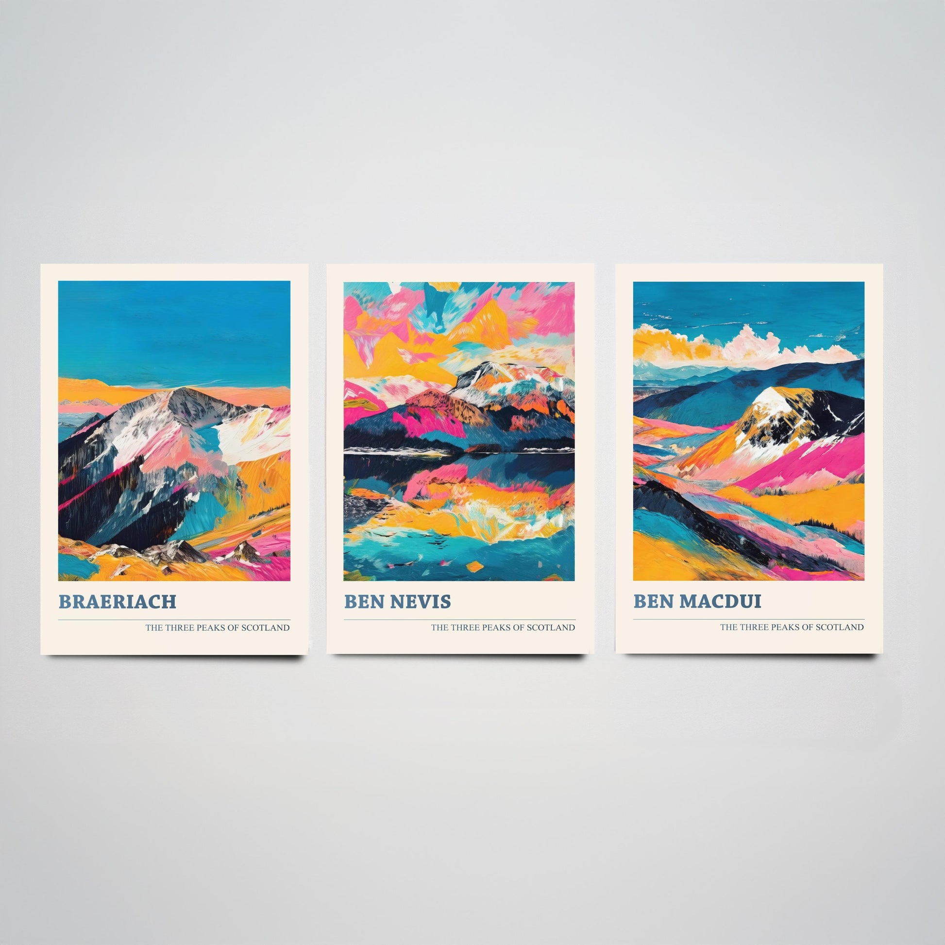 Set of Three Scotland Three Peaks Art Prints - Ben Nevis, Ben Macdui, Braeriach - 3 Mountain Posters Painting Gift Décor