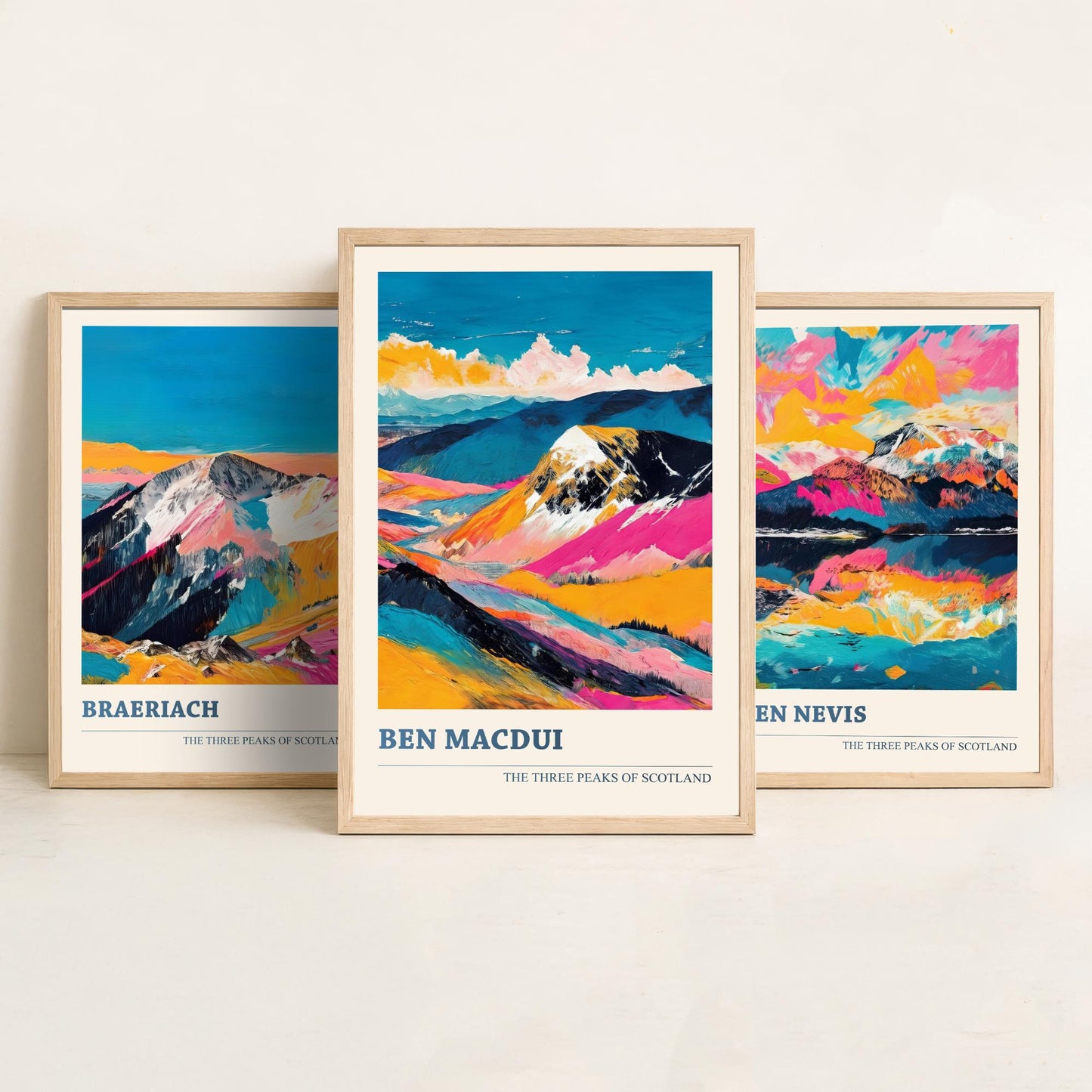 Set of Three Scotland Three Peaks Art Prints - Ben Nevis, Ben Macdui, Braeriach - 3 Mountain Posters Painting Gift Décor