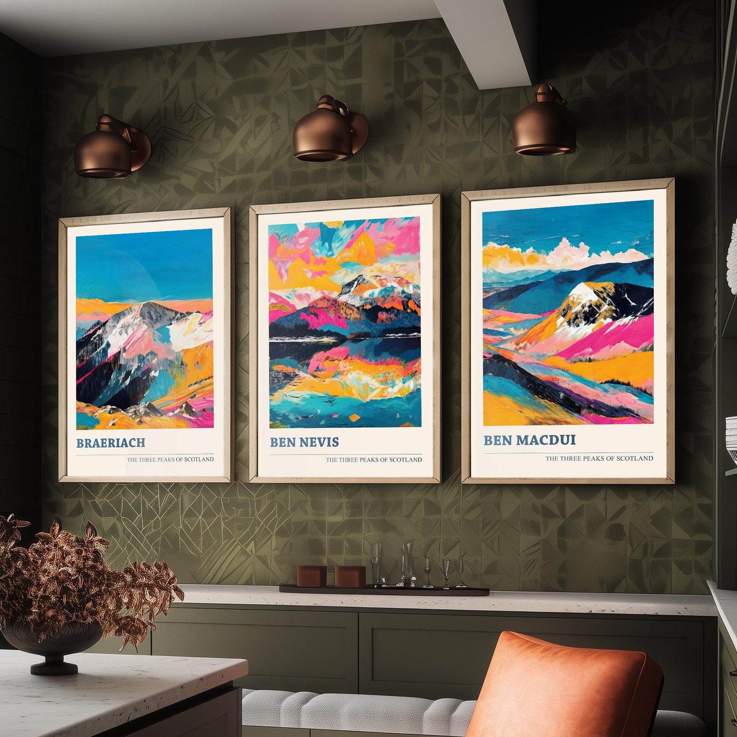 Set of Three Scotland Three Peaks Art Prints - Ben Nevis, Ben Macdui, Braeriach - 3 Mountain Posters Painting Gift Décor