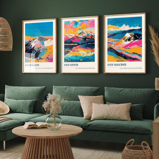 Set of Three Scotland Three Peaks Art Prints - Ben Nevis, Ben Macdui, Braeriach - 3 Mountain Posters Painting Gift Décor