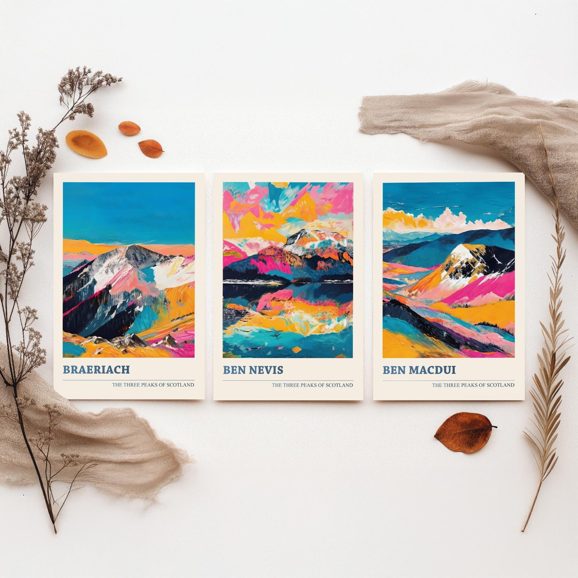 Set of Three Scotland Three Peaks Art Prints - Ben Nevis, Ben Macdui, Braeriach - 3 Mountain Posters Painting Gift Décor