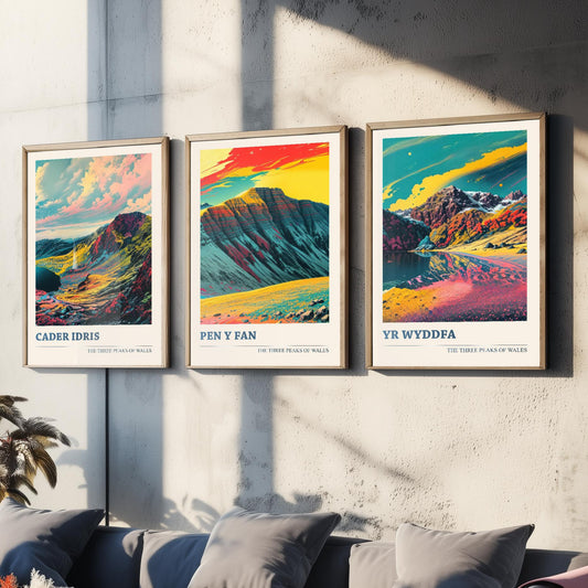 Set of Three Peaks of Wales Travel Posters V2 - Cader Idris, Pen y Fan, Yr Wyddfa- 3 Art Prints