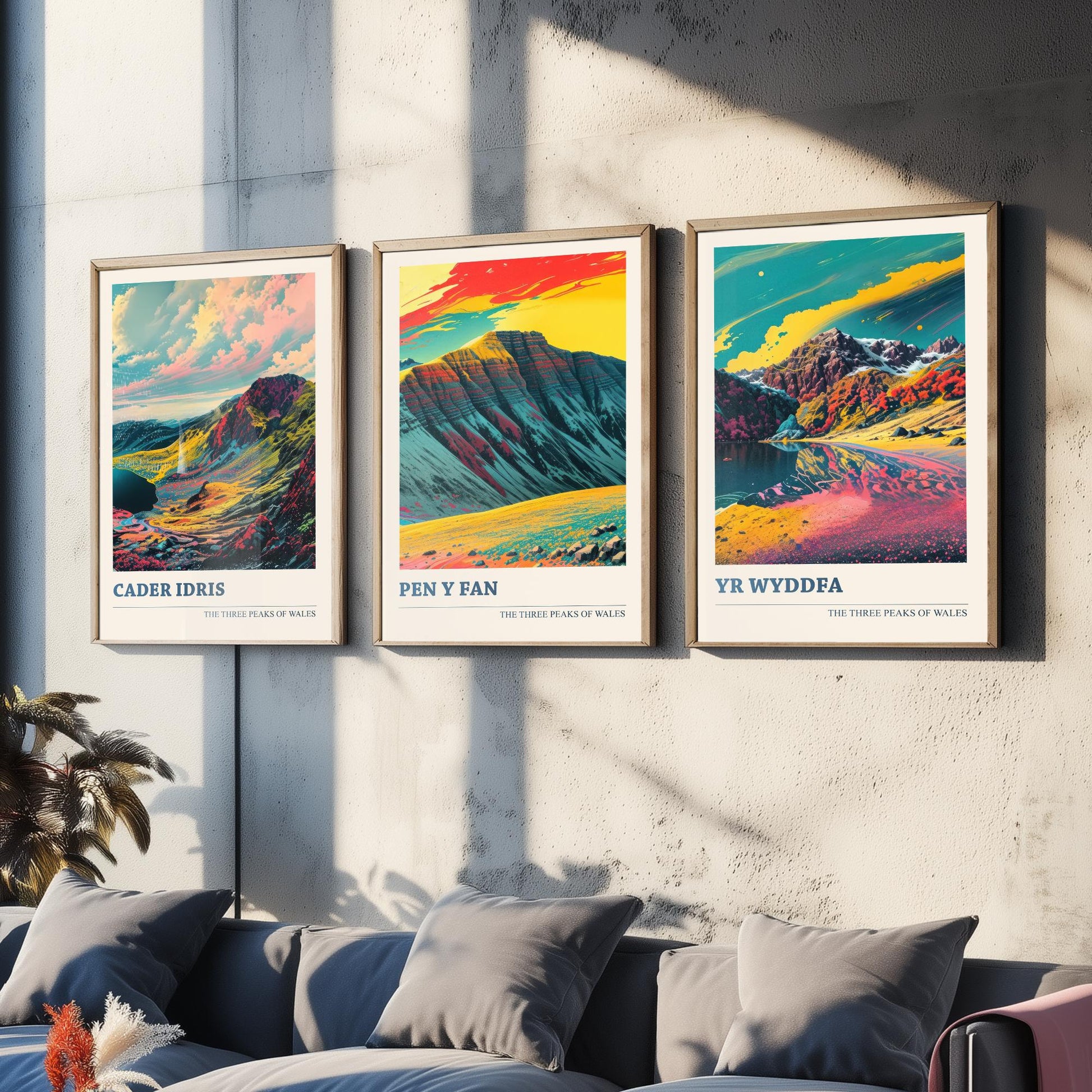 Set of Three Welsh Three Peaks Art Prints - Cader Idris, Pen y Fan, Yr Wyddfa - 3 Wales Mountain Posters Illustration V2