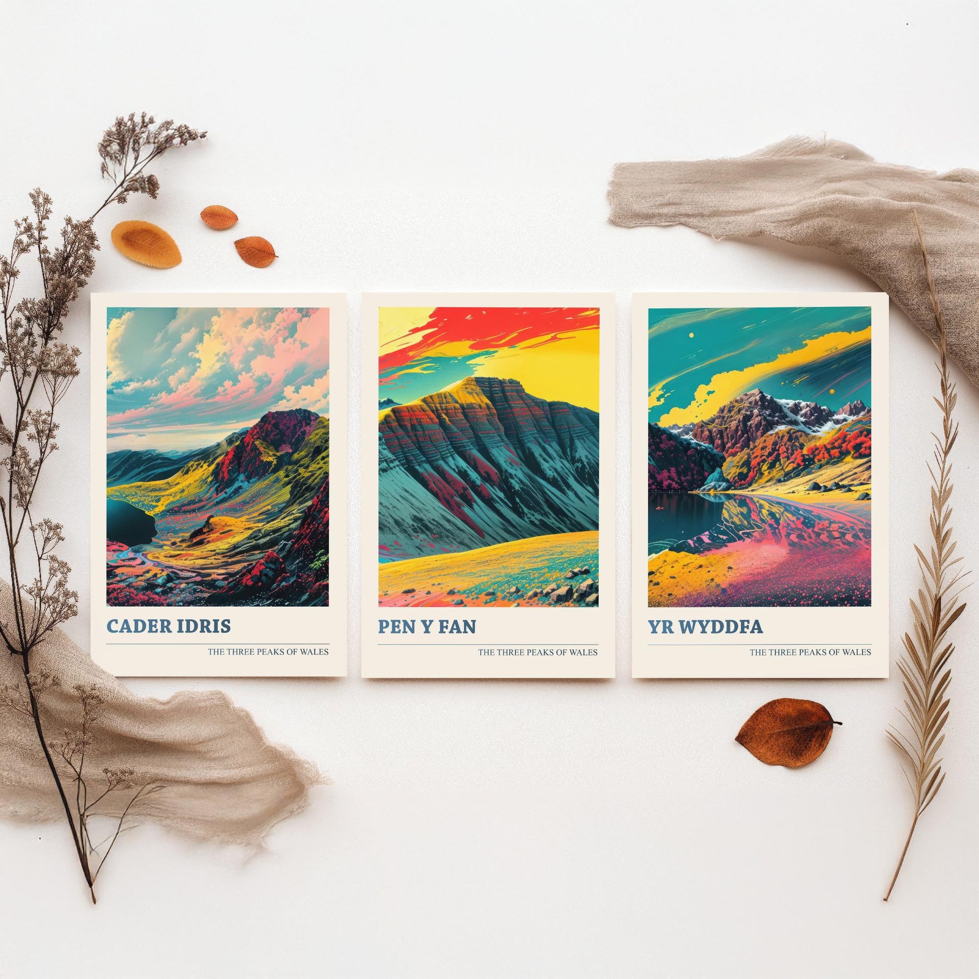 Set of Three Welsh Three Peaks Art Prints - Cader Idris, Pen y Fan, Yr Wyddfa - 3 Wales Mountain Posters Illustration V2