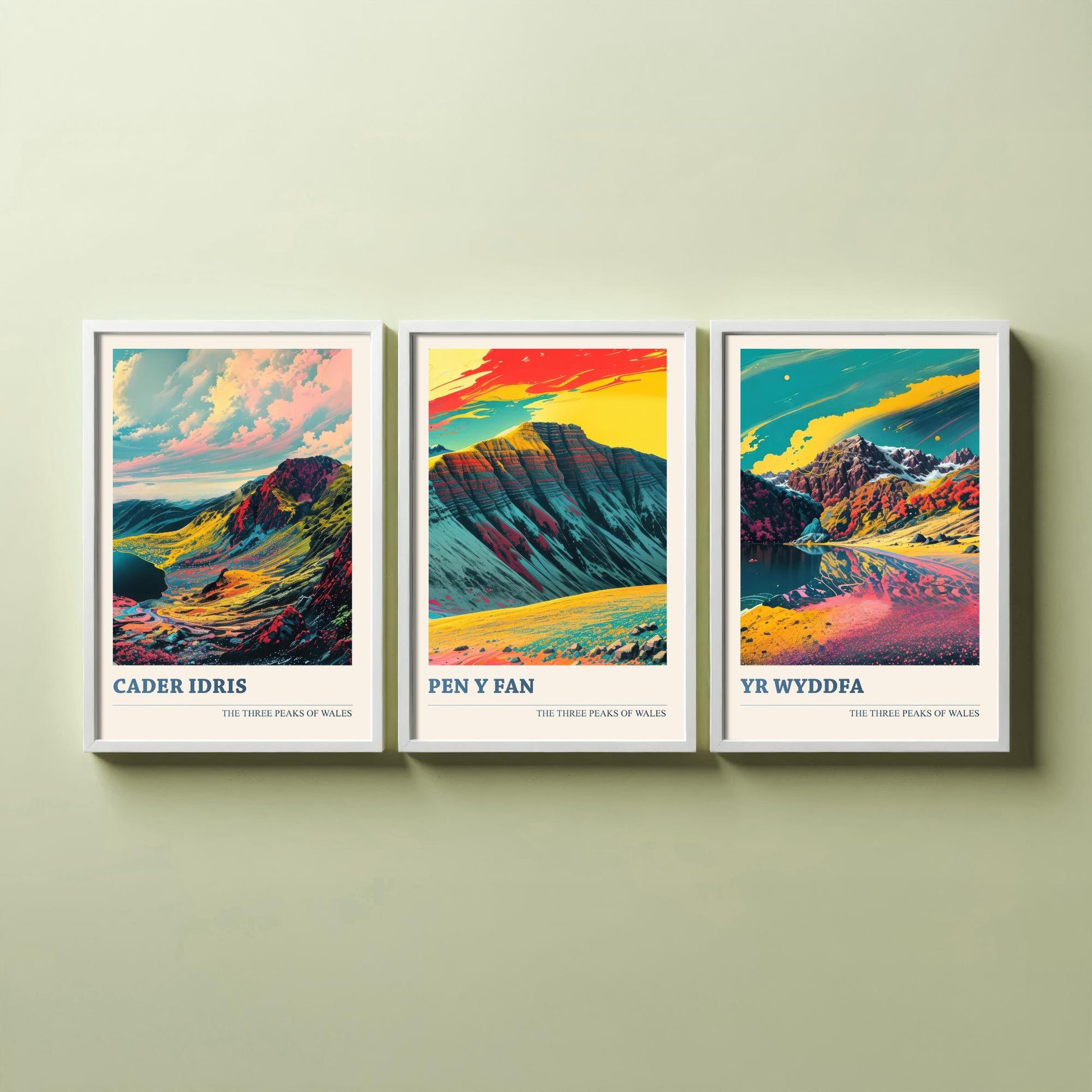Set of Three Welsh Three Peaks Art Prints - Cader Idris, Pen y Fan, Yr Wyddfa - 3 Wales Mountain Posters Illustration V2
