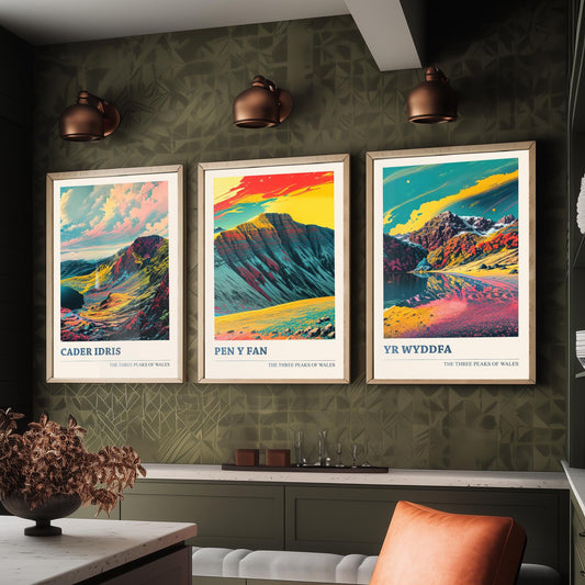 Set of Three Welsh Three Peaks Art Prints - Cader Idris, Pen y Fan, Yr Wyddfa - 3 Wales Mountain Posters Illustration V2
